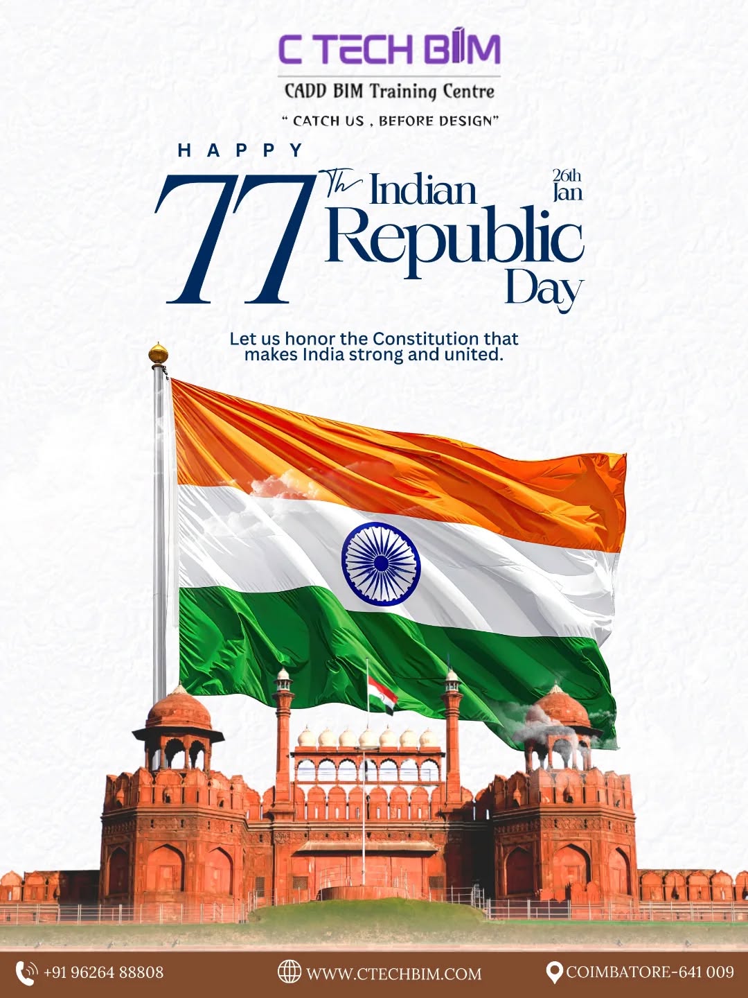 Happy 77th Republic Day ๐ฎ๐ณ
Let us honor the Constitution that shapes our nation and strengthens our unity.
Proud to celebrate the spirit of India โ today and always.
โจ Catch us, before design!
#RepublicDay #77thRepublicDay #ProudIndian #JaiHind #CTechBIM DesignWithPride IndiaAt77 UnityInDiversity ๐ฎ๐ณ