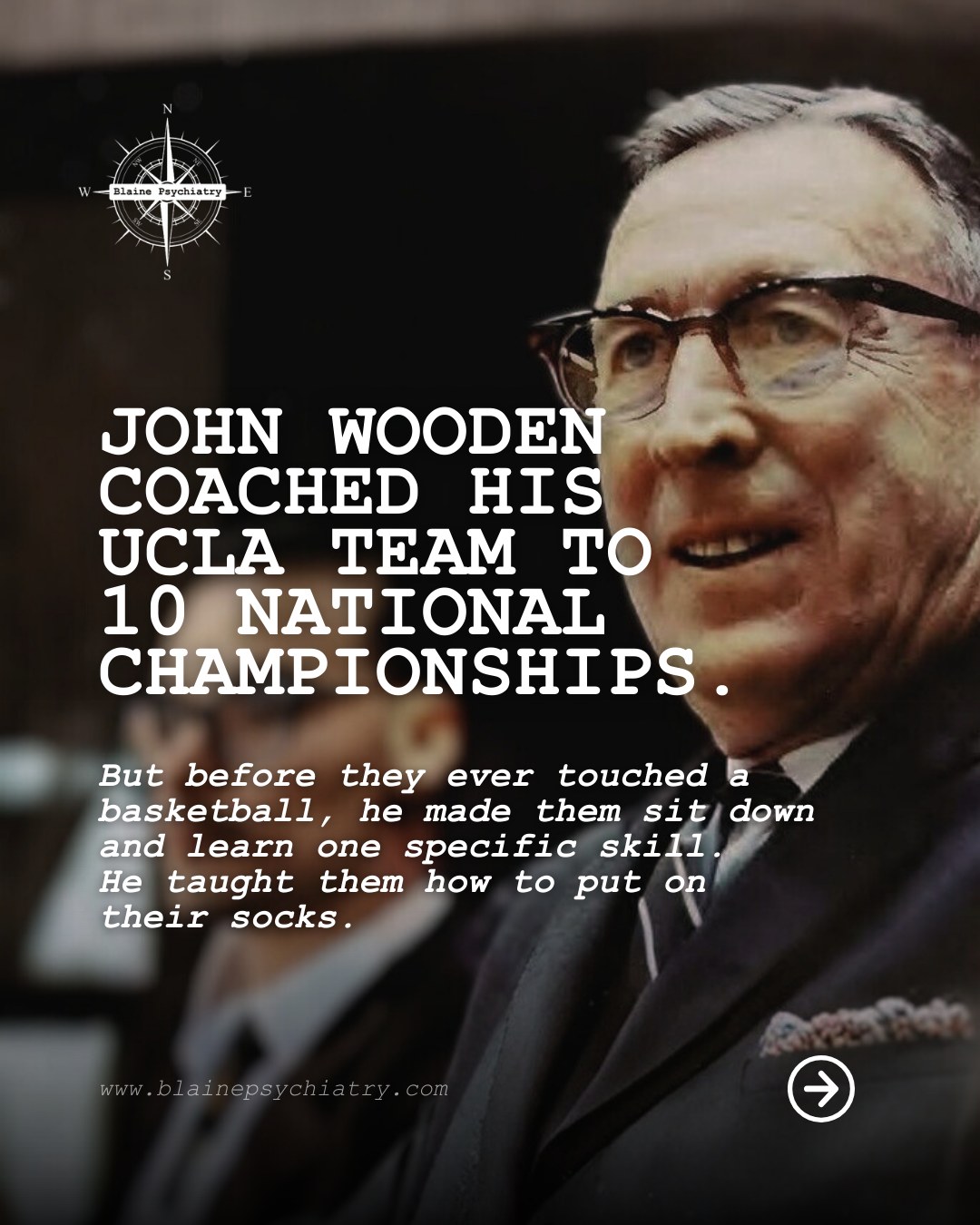 John Wooden won 10 national championships, but he didn’t start practice with complex plays. He started by teaching his players how to put on their socks.
It wasn't a metaphor. It was practical prevention against blisters. Because if your feet hurt, you can't play.
We often treat mental health like a high-stakes game, focusing only on the big moments or crises. But just like in basketball, you don't rise to the occasion when pressure hits - you fall back on your training.
If you’re feeling overwhelmed or anxious, check your "socks and shoes" first. Are you sleeping? Eating regular meals? Taking your meds? Keeping a routine?
These basics aren't exciting, but they are the foundation that keeps you steady when life gets heavy. Consistency protects you better than intensity ever will.
Swipe through to see why the fundamentals matter more than talent.
Save this for when you need a reminder to get back to basics. And share it with a friend who needs to hear this today.
#mentalhealth #dailyhabits #selfcare #anxietyrelief #mentalwellness #MentalHealth #Psychiatry #PersonalGrowth #Selfhelp #Selfimprovement #collegementalhealth #studentmentalhealth #YoungProfessionals #blainepsychiatry