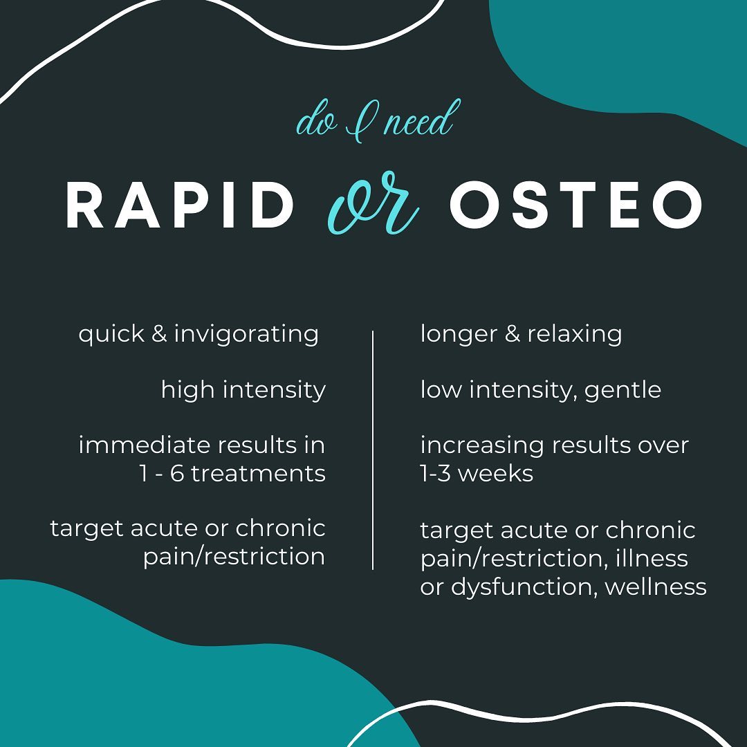 I often get asked how someone knows if they should book RAPID or Osteo 🧐
The truth is, both modalities can resolve a lengthy, overlapping list of complaints. While some things are better targeted by one over the other, generally the best choice comes down to the one that best suits your style!
Looking to fit a quick fix into a busy life where self-care is hard to come by? Have a new or chronic pain or annoying restriction but otherwise few complaints? RAPID’s quick sessions and fast results might be for you if you’re comfortable with high-intensity treatment.
Able to take some more time and carve out ~1hr for self-care? More comfortable with gentle and relaxing treatment targeting anything from general wellness to an exhausting journey of illness and symptoms? Osteopathic Therapy’s ability to gently resolve disruptions within the body’s systems might be the best choice for you.
At the end of the day, we will almost always be able to target your complaint within either treatment option, and choose any necessary follow up treatments accordingly. Still have questions? Check out the website’s ‘FAQ’ section or shoot me a message!
#radicalwellness #rapidneurofascialreset #rapidnfr #osteopathictherapy #integrativecare #chooseyourownadventure