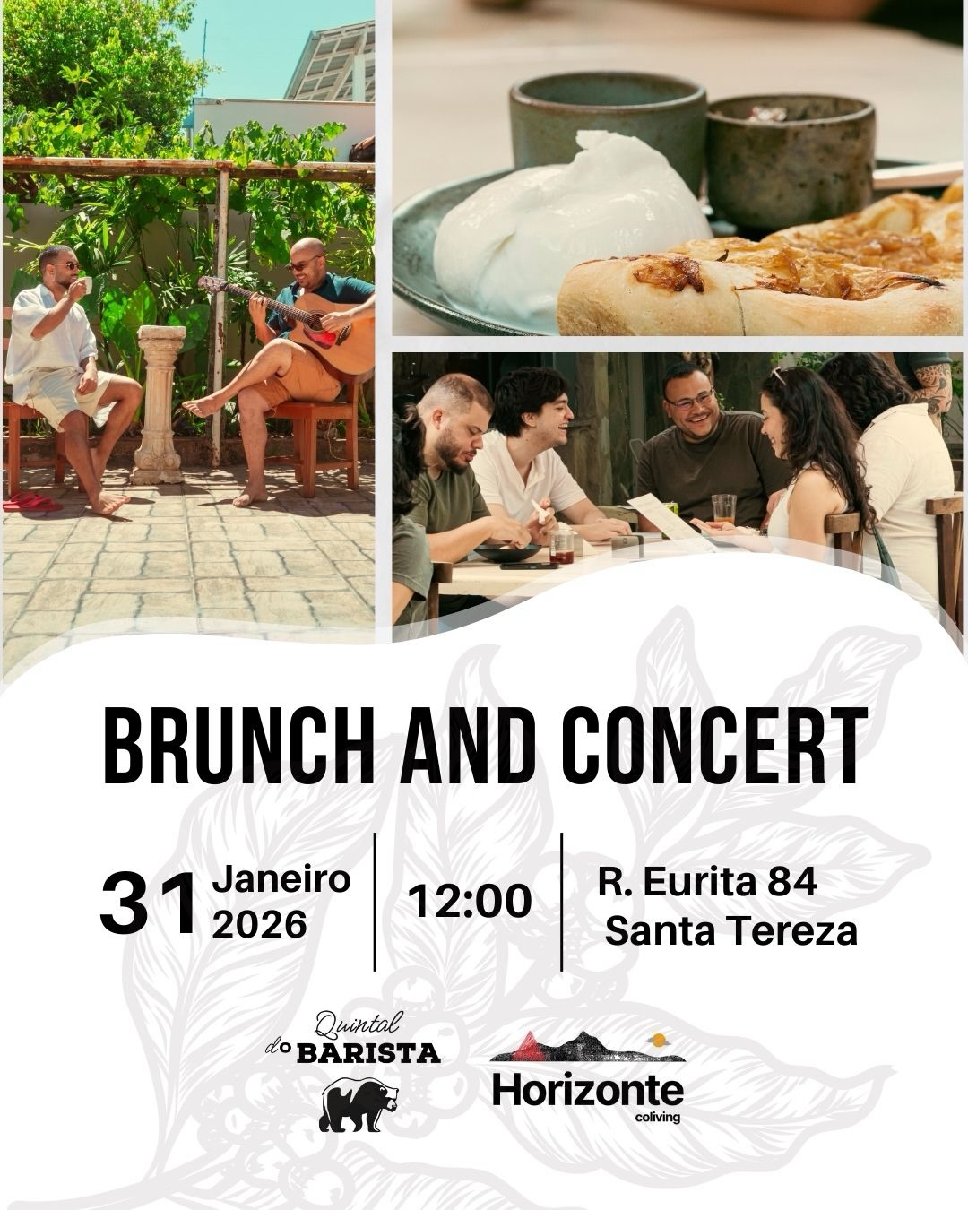 BRUNCH COM MÚSICA AO VIVO
Dia 31 de janeiro estreia nosso primeiro Brunch and Concert: cafés especiais, sabores inspirados em ingredientes italianos e música ao vivo com Vevê (@veve.alvesbh) no violão e Saulo (@osaulosoul) na voz.
Se você gosta de viver o sábado sem pressa, o brunch do Quintal do Barista (@quintaldobarista) foi feito pra você!
🕘 09:00 às 15:00
🎙️ Show às 12:00
📍 Rua Eurita 84, Santa Tereza