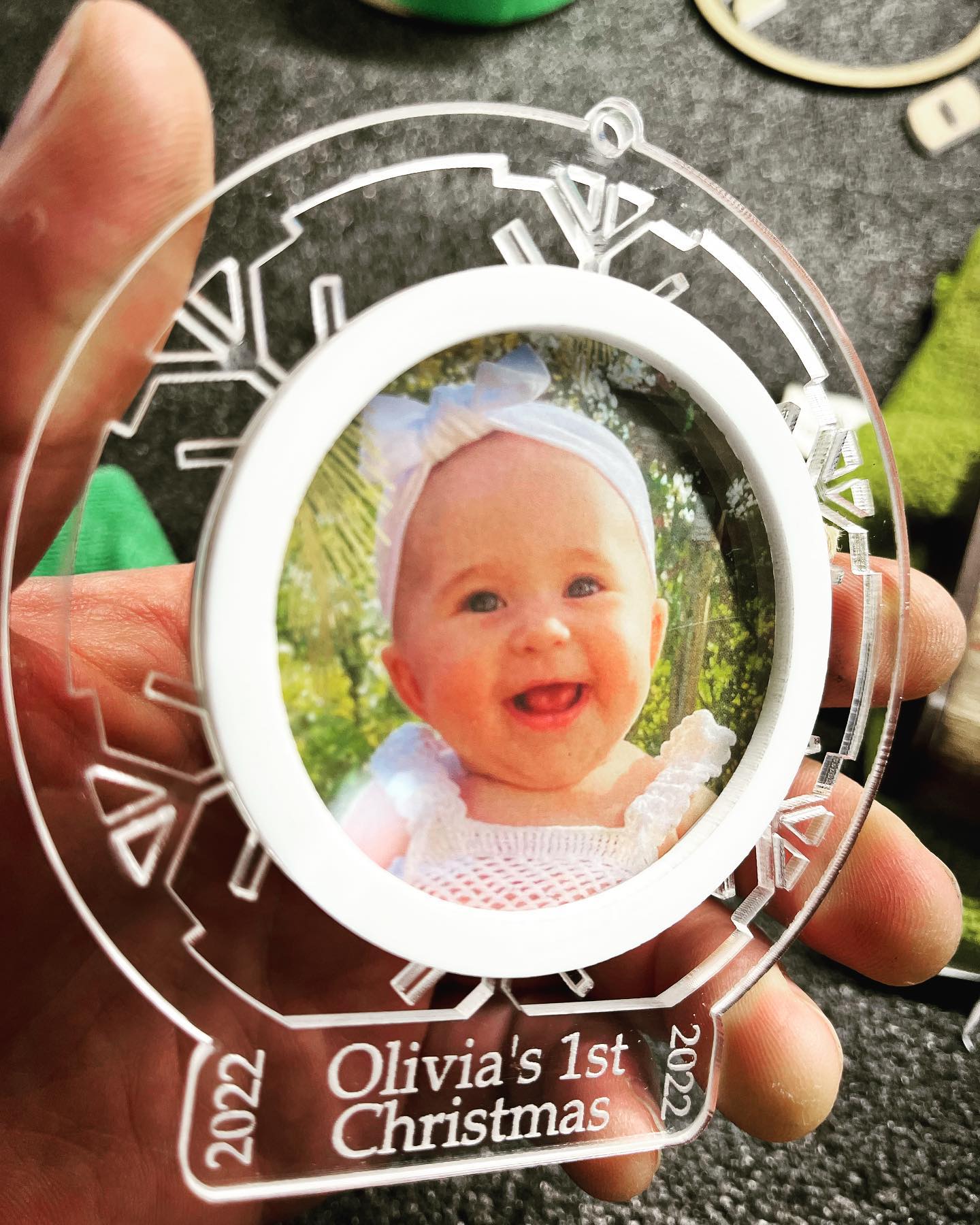 Quick little custom ornament from laser engraved acrylic! www.cmwhimsies.com
