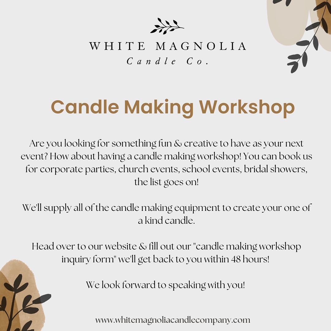 Book us to host a candle making workshop at your school, corporate party, church event, private party, etc.
Weâll provide all of the candle making equipment, games & prizes. Head over to our website & fill out our âcandle making workshop inquiry formâ.
We look forward to speaking with you!
www.whitemagnoliacandlecompany.com
#candlemakingworkshop #arkansas #soycandles #farmhouse #farmhousecandles #gno #corporateparties #schoolevents #churchevents #candles