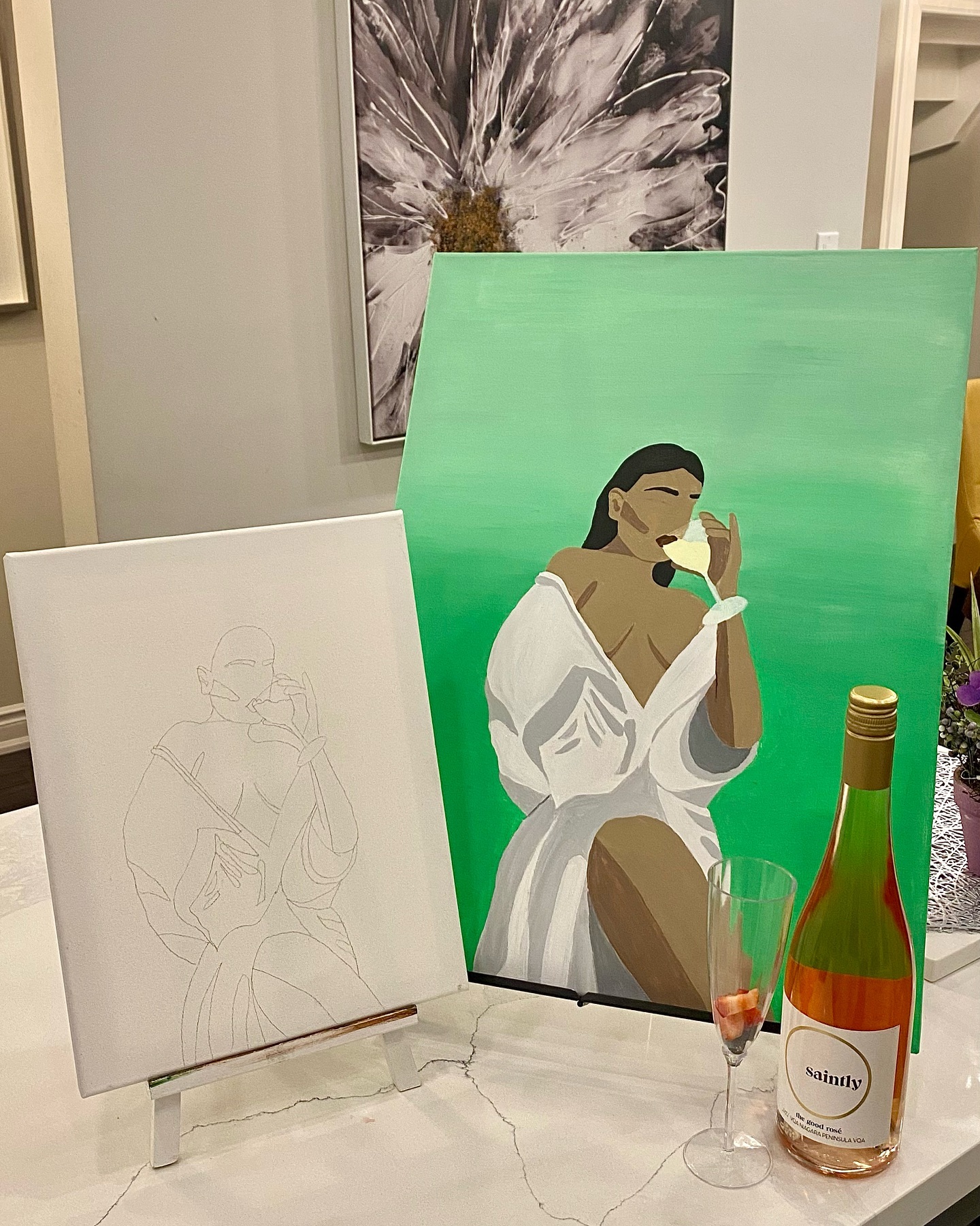 Sometimes the most productive thing you can do is relax. 🧖🏾♀️🥂
We had a wonderful time painting this piece for a much needed girls night. Lots of laughs, lots of drinks, and a lot of memories made.
Connect with us to help you unwind at your next girls night!