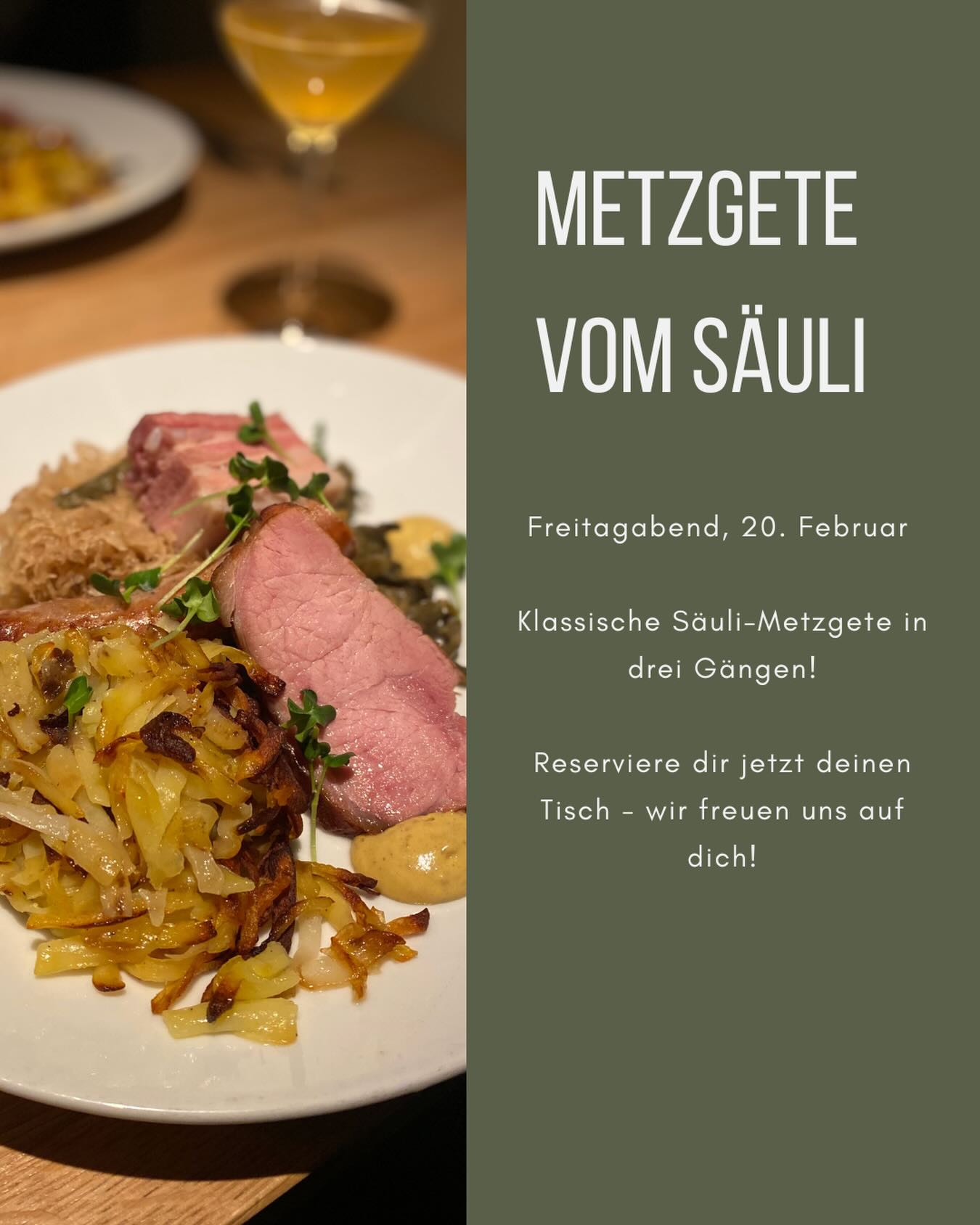 Metzgete vom Säuli🐷
Die Metzgete Saison startet am Freitag, 20. Februar, klassich mit der Säuli-Metzgete!😋
Freue dich auf einen Abend voller Klassiker: Erbsuppe, Berner Platte, Gebrannte Créme😋🙌!
Reserviere dir jetzt deinen Tisch!
📧: info@freibank.ch
📞: 031 333 14 40
Online sind auch alle weiteren Metzgete-Daten für das Jahr 2026 aufgeschaltet!
#freibankbern
#wankdorfcity
#metzgete
#metzgetebern
#bernerplatte