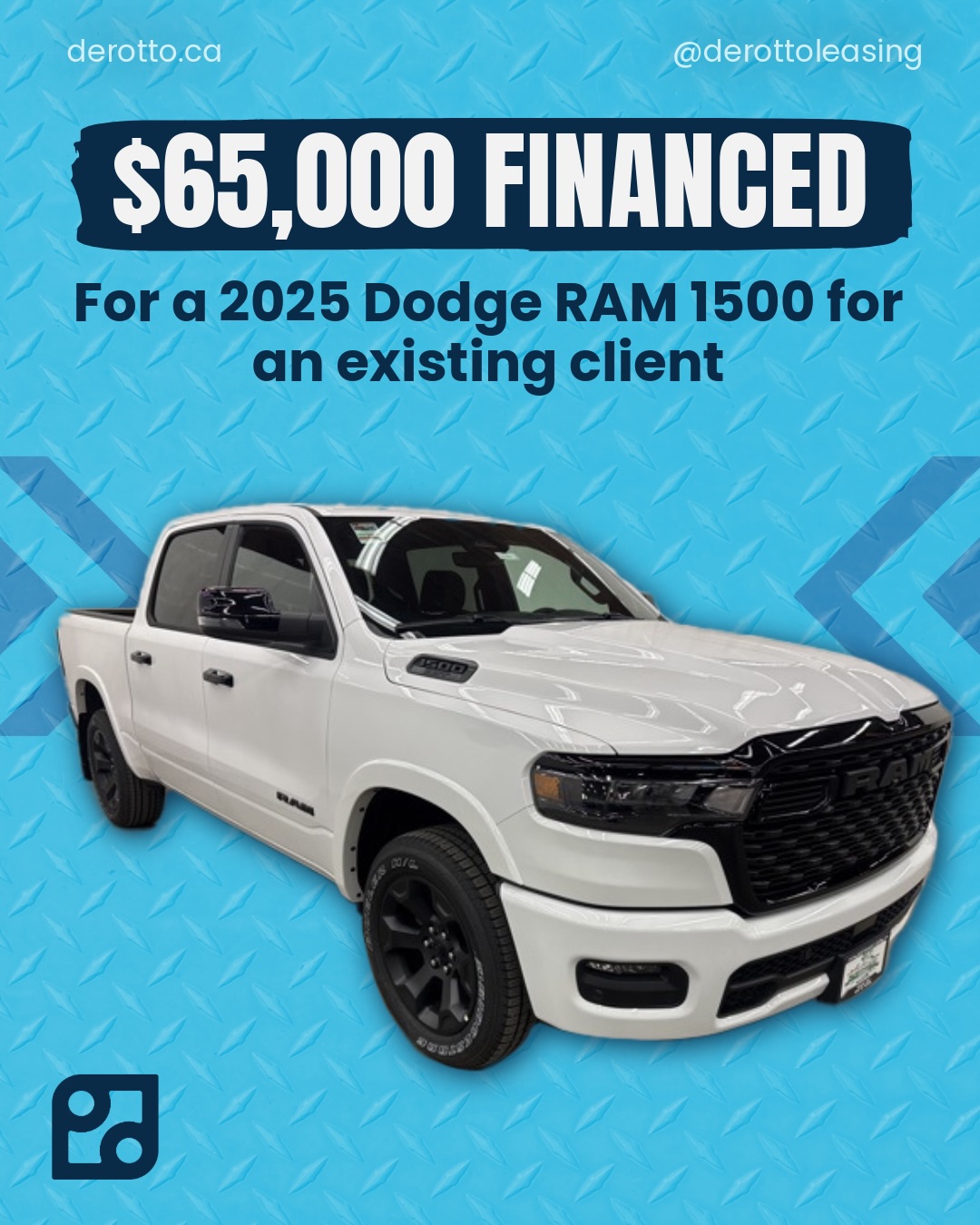 DEROTTO recently helped an existing client secure $65,000 financing for a 2025 Dodge RAM 1500. This client had challenging credit. DEROTTO works with several lenders that can help a business qualify for financing with poor credit or poor financials.