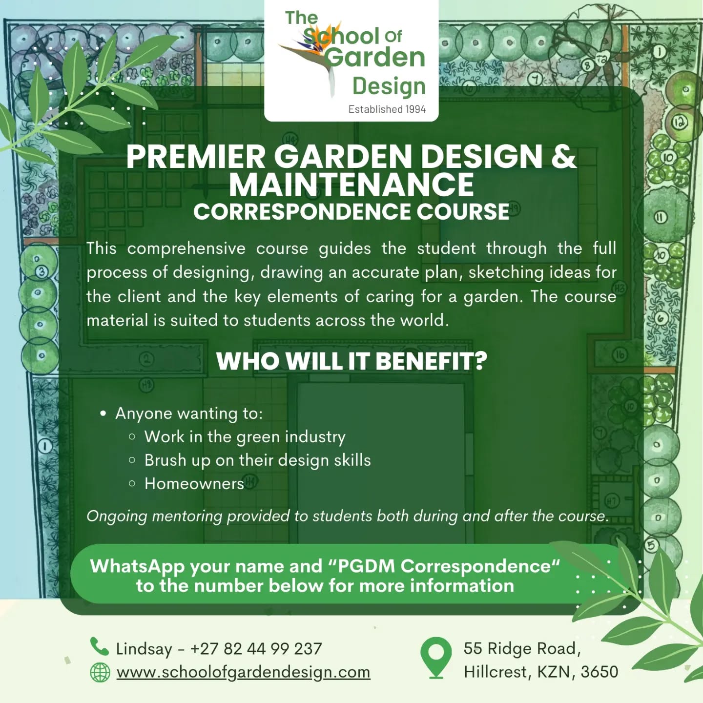 Celebrating 30 years in the industry! Over the next 10 days, we will feature our course offerings.
#gardendesign #gardendesignplan #shape #texture #colour #stylishgarden #orientalgarden #africangarden #meadowgarden #naturalgrassland #compost #feedingyourgarden #pruning #lawncare #naturalpestcontrol