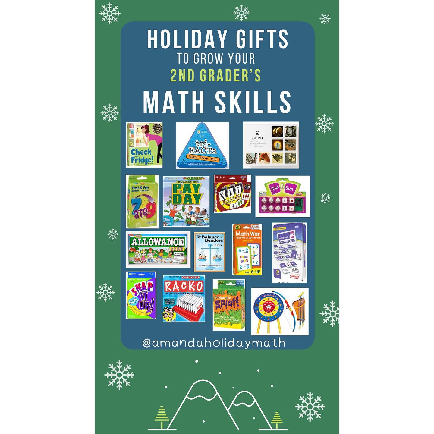 🎁 2nd Grade Math Game Guide 🎁
I love finding ways to play games and have fun with my kids while sneaking ways to engage their brains in mathematical concepts! With Black Friday here and the holidays coming up, I figured I’d share some of my favorite toys, games, and activities you could gift to your child this year that will build their math skills!
Here are some of my 2nd Grade favorites:
1. Check The Fridge
2. Tri-Fact-A Addition and Subtraction
3. Ouisi
4. 7 Ate 9
5. Pay Day
6. Set
7. Roll A Sum
8. Allowance
9. Balance Benders: Beginner
10. Math War: Addition and Subtraction
11. Multiplication Dominoes
12. Snap It Up Addition and Subtraction
13. Rack-O
14. Subtraction Splat
15. Add-It-Up Archery Set
#blackfriday #blackfridaydeals #holidaygiftguide #mathgames #2ndgrademath #cybermonday #blackfridaysale #blackfriday2022 #teachergifts