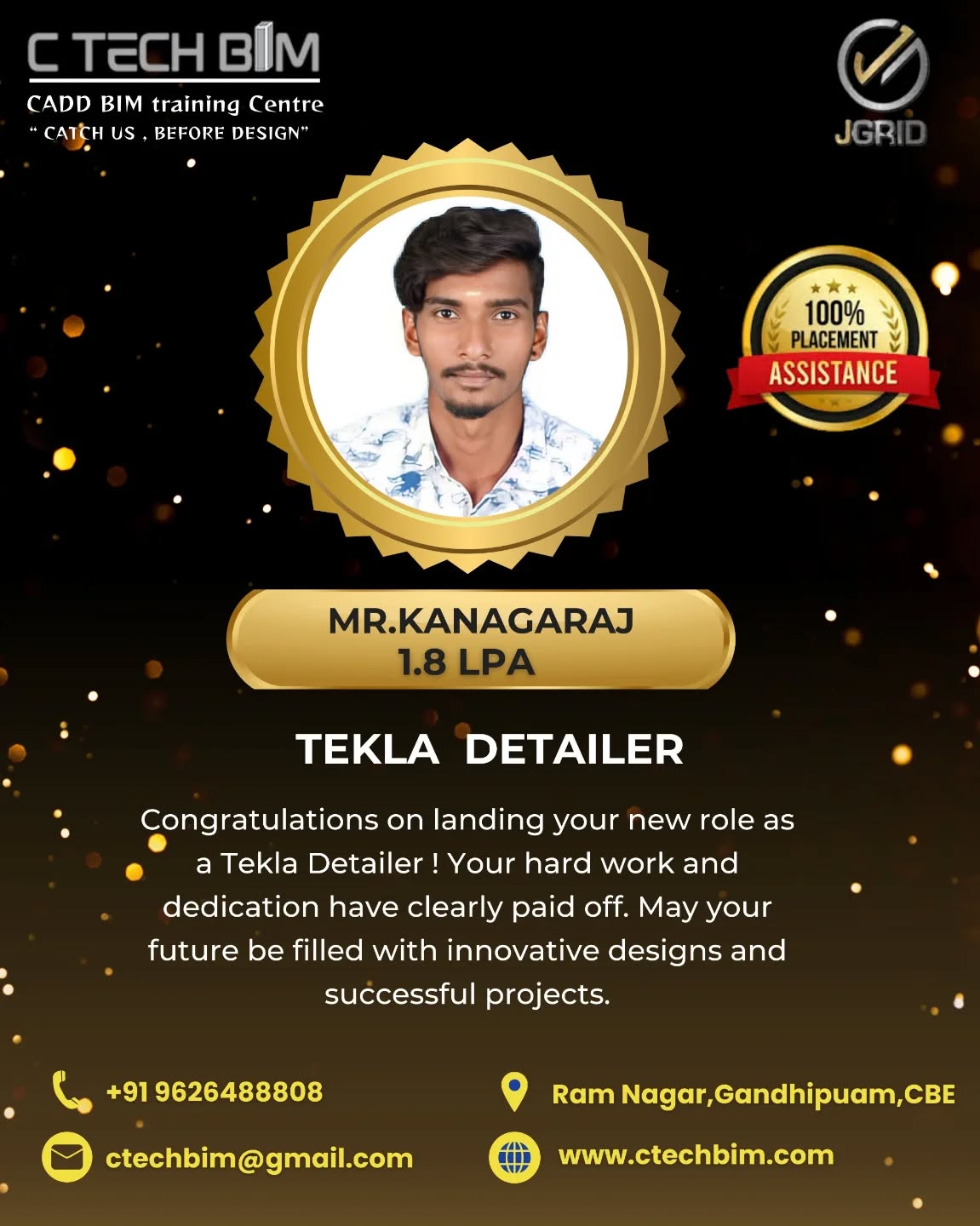 ๐ Placement Success Story ๐
Congratulations to Mr. Kanagaraj on successfully getting placed as a Tekla Detailer with a package of 1.8 LPA ๐ผโจ
Your hard work, technical skills, and dedication have truly paid off. Weโre proud to see our students achieve career milestones and wish you continued success in your professional journey! ๐
๐๏ธ C TECH BIM โ CADD BIM Training Centre
๐ Ram Nagar, Gandhipuram, Coimbatore
๐ +91 96264 88808
๐ www.ctechbim.com
#PlacementSuccess #TeklaDetailer #CTechBIM #BIMTraining #TeklaStructures CareerGrowth EngineeringCareer SuccessStory Coimbatore