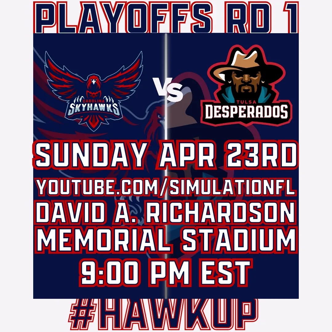 This Sunday night will be the first time in history the #sflplayoffs are in #Raleigh! We will be hosting the @sfl_tulsadesperados in the wild card round of the playoffs. We've let everyone in the SFL know that #NoOneOutPizzasTheHawks. That's not changing now. #hawkup #wewantthesmoke