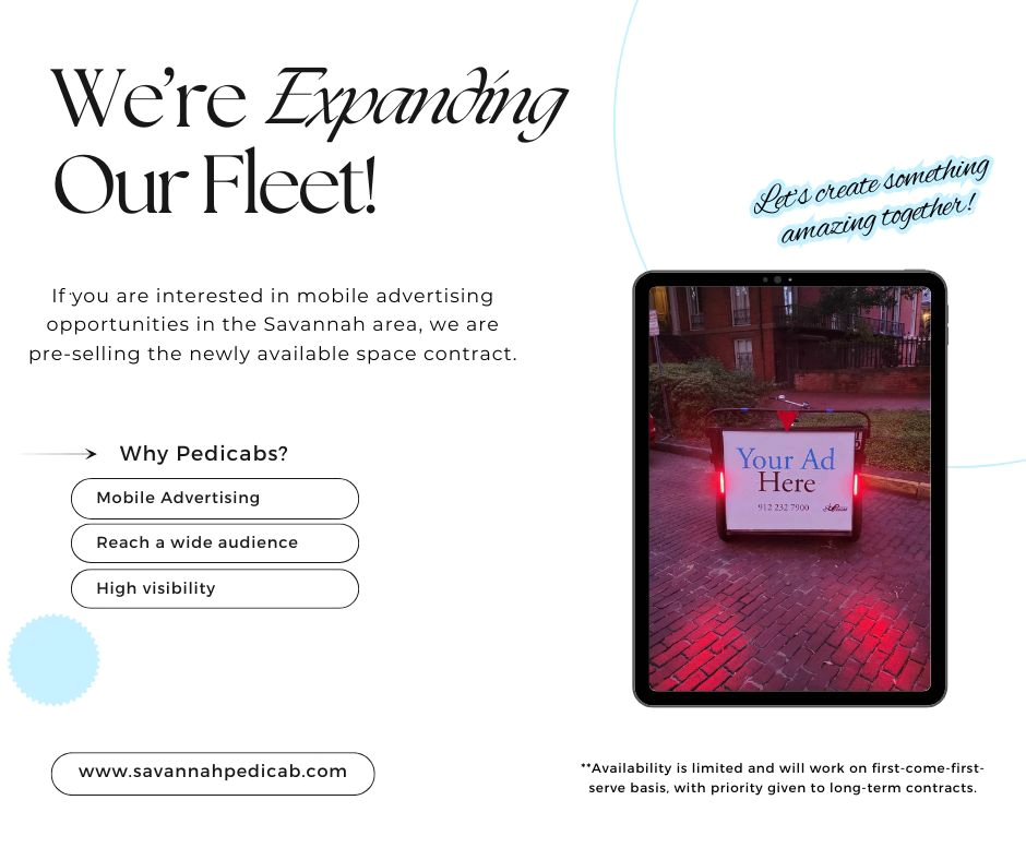 If you are interested in adverting with us, send an email to 📧info@savannahpedicab.com, and we will get back to you with details within 24 hours.
--
💻www.savannahpedicab.com
📞 (912) 232-7900