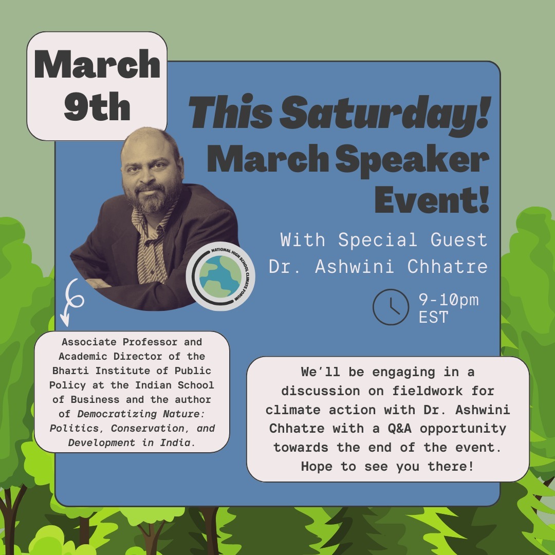 This Saturday is our Speaker event!! Please be sure to REGISTER!!
This event is open to all delegates and THEIR MEMBERS, March 9th, 9-10pm EST (6-7pm PST).
Please share and register today! (Link in bio or on NHSCF website)
#nhscf #nationalhighschoolclimateforum #conservation #climatechangeawareness #youthclimatesevent