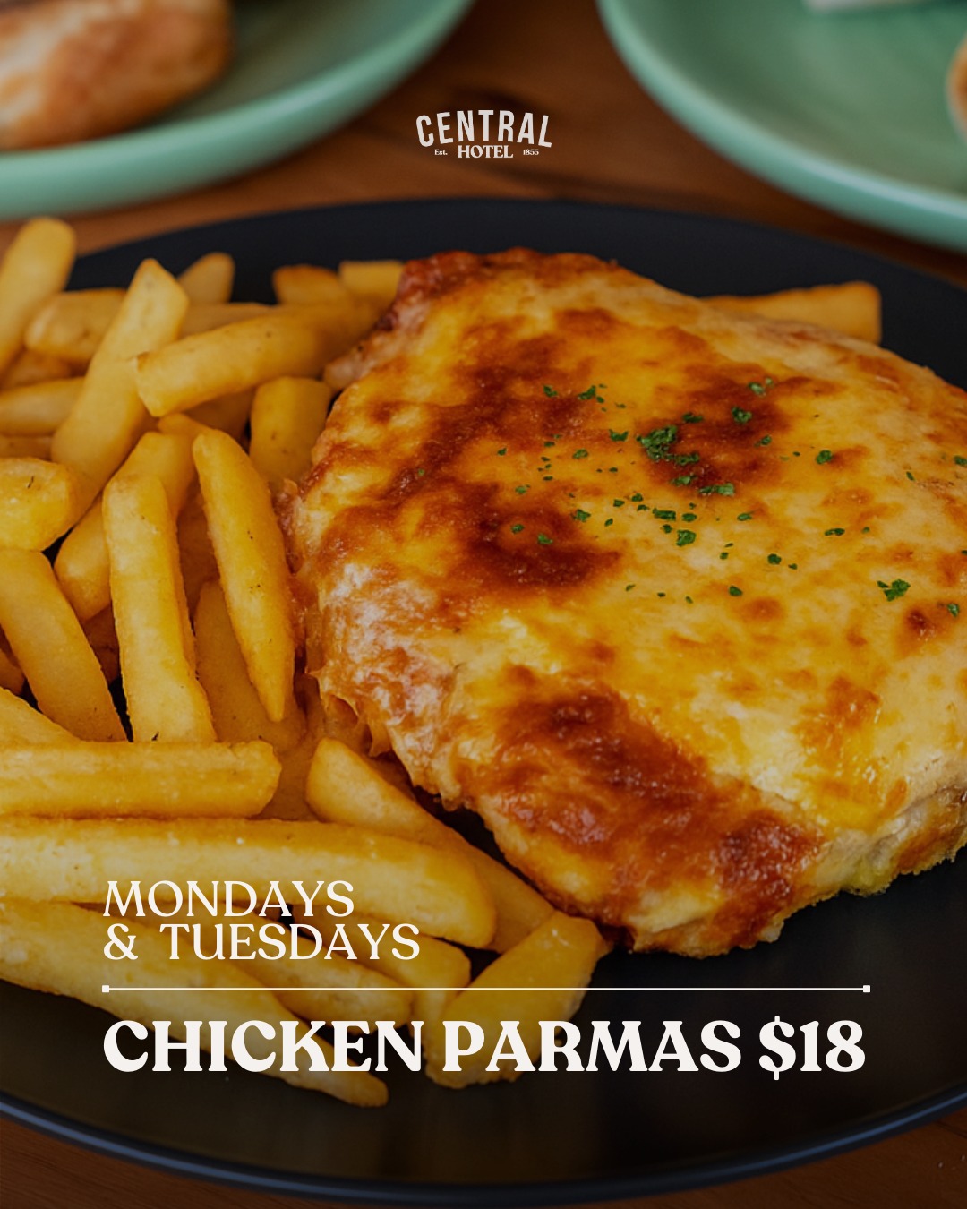 Mondays are our favourites because we get to feed you parmas for $18, Tuesdays too because we’re supportive like that. ♥️
Comes with chips. Book your table now.