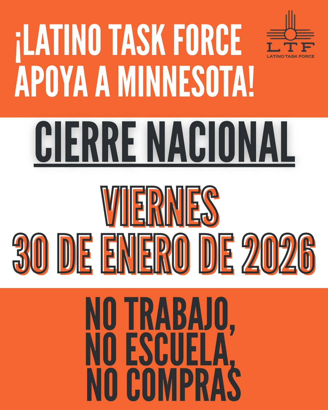Este país no cambia solo: lo cambiamos cuando lo obligamos.
Nos solidarizamos con Minnesota.
PARO NACIONAL. 30 de ENERO.
Sin trabajo. Sin escuela. Sin compras.