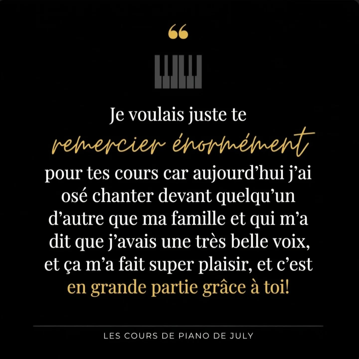 "Il y a des messages qui réchauffent le cœur d'une prof... 💛
Quand un élève que je n'avais pas vu depuis 1 an m'écrit pour me remercier et me dire qu'il a osé chanter devant d'autres personnes pour la première fois... c'est exactement pour ces moments que j'aime mon métier. 🎹✨
#coursdechant #professeurdechant #professeurdemusique #témoignage #enseignementmusical
