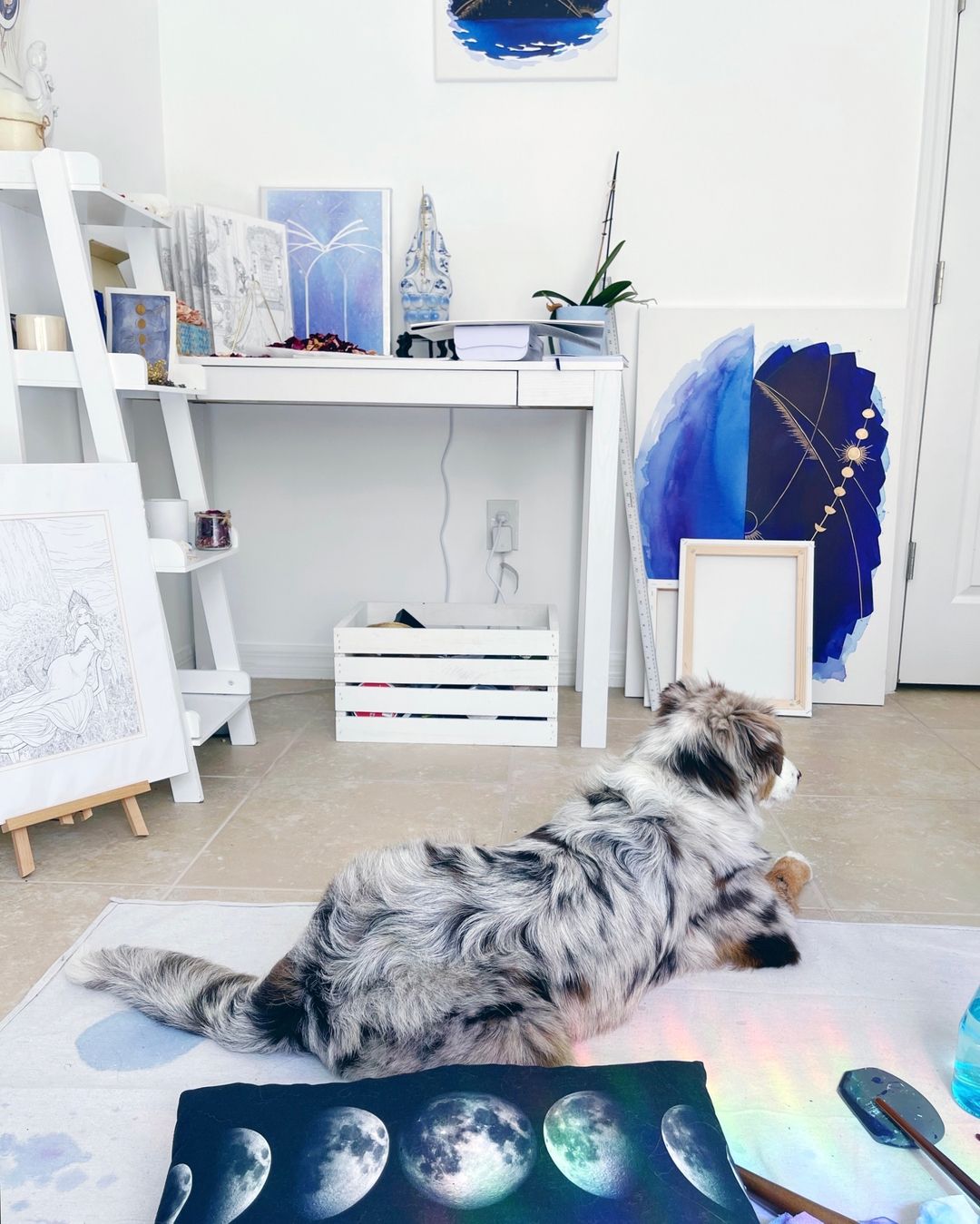 My little studio buddy 💙 She follows me around the house and sits by me while I paint and write. I wish I could tell her how lucky I am to be her mum 💎✨ Here’s a less-often seen corner of the studio