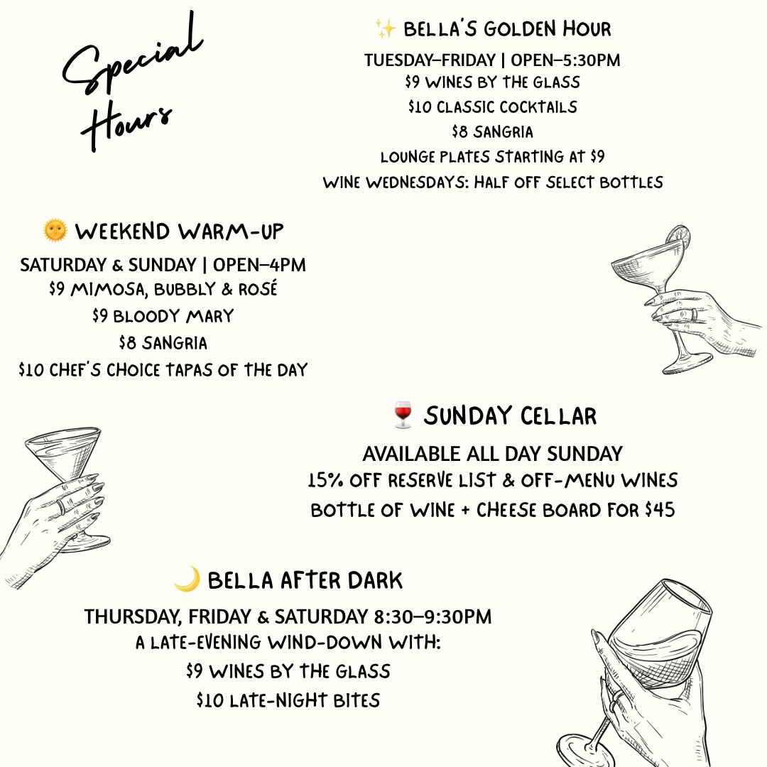 We’ve created a few thoughtfully timed ways to enjoy Bella throughout the week. 🍷
From Golden Hour to Sunday Cellar and After Dark, each offering is designed for its moment 💜
Come early. Stay late.
Or do both. 🌙
Our new special hours are designed for exactly that 🥂
Hope to see you 🔜!
#WineMoments
#SharePlates
#WineAndSmallPlates
#MainStreetStCharles
#STLFoodScene