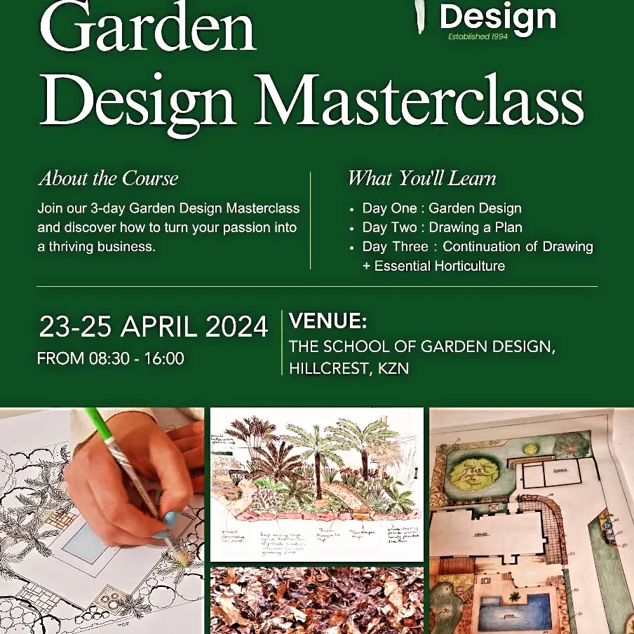 Join me for this life-changing masterclass. Cost : R3750 all inclusive.
In case the contact details have been cut off, they are : info@schoolofgardendesign.com and WhatsApp/call Lindsay on 0824499237
#theschoolofgardendesign #gardendesignmasterclass #businessopportunity #dreamgarden