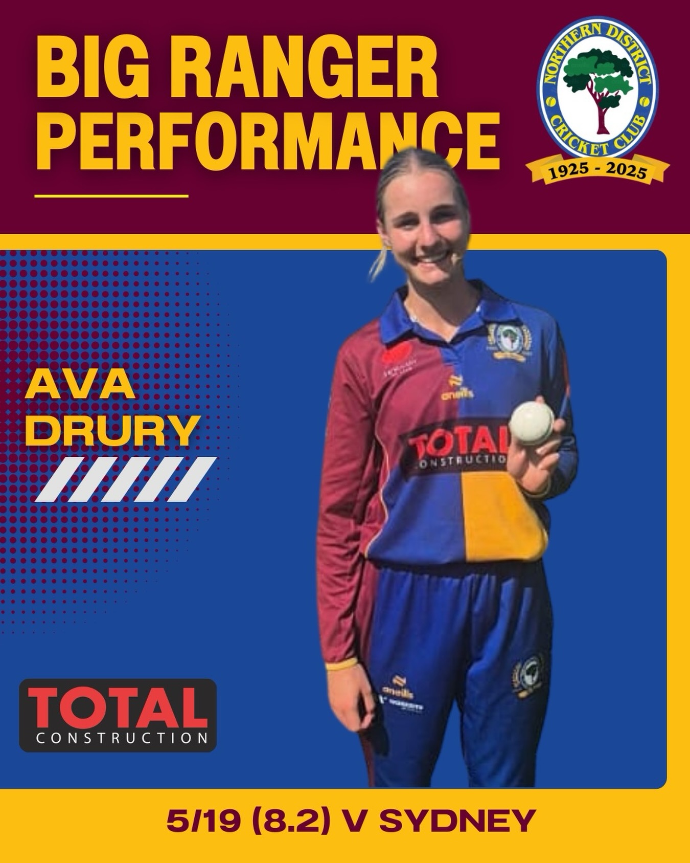 🌳 Big Ranger Performance 🌳
Proudly brought to you by Total Construction
On a standout day for our left-arm orthodox bowlers on Sunday, Ava Drury claimed her first five-wicket haul for the club.
Bowling 8.2 overs, Ava picked up 5/19, including three maidens — one of them a wicket maiden and was even on a hat-trick, playing a key role in sealing a hard-fought victory for the Rangers.
The platform was set earlier by Sienna Eve (4/32 from 6 overs) and Bex Tyson (1/27 from 10 overs), applying consistent pressure throughout the innings.
A terrific performance and another milestone, congratulations Ava! 👏