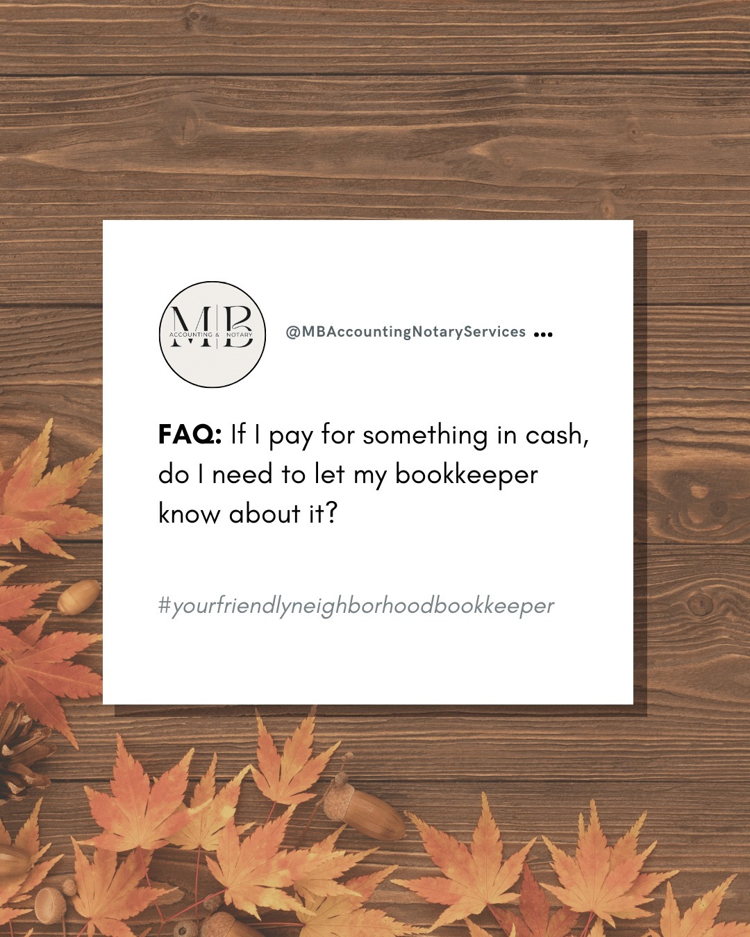 YES! And here's why: ⤵️
Every business expense (regardless of the payment method) needs to be recorded on your books. 📚
If you don't let your bookkeeper know, you're automatically going to miss out on the tax deduction you would've had for that expense! 💸
Accurate expense tracking doesn't just help ensure you're saving on taxes, but it can also help you with budgeting and other key business decisions.
#VirtualBookkeeping #RemoteBookkeeper #BookkeepingPro #Bookkeeper #BookkeepingTips #Accounting #Bookkeeping #CloudBookkeeping #BusinessOwner #EntrepreneurLife #Entrepreneurship #SmallBiz #TaxTips
#SmallBusinessBookkeeper #JohnsonCitybookkeeper #JohnsonCityaccountant #Tennesseebookkeeper #TNaccountant #MBAccountingNotaryServices