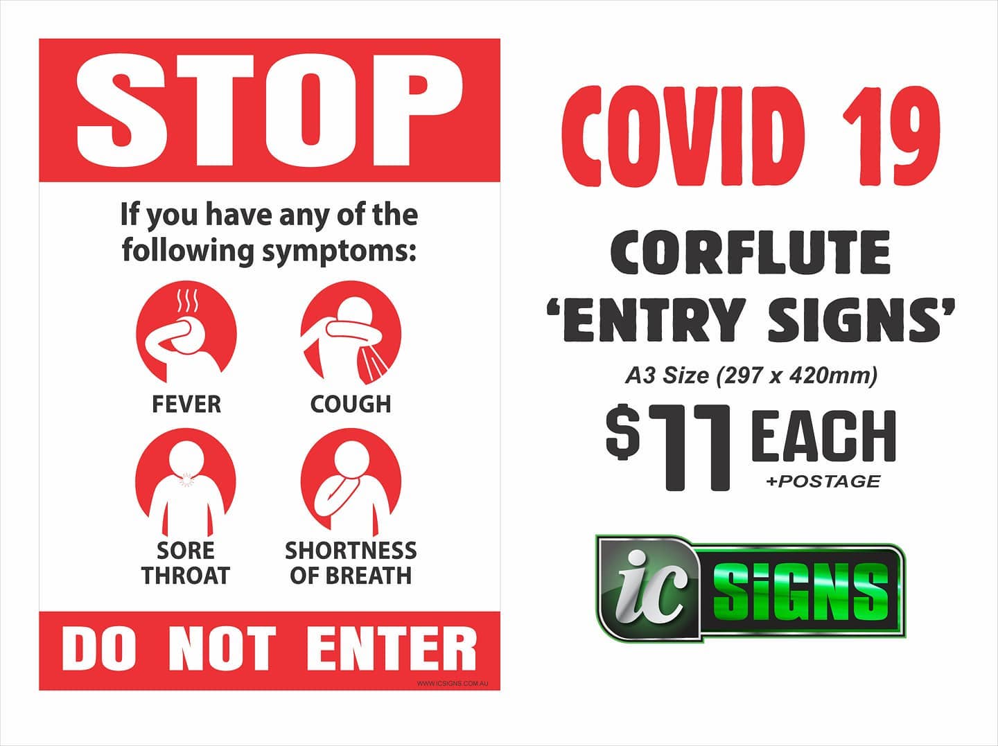Help stop the spread & protect your clients & employees with these Covid 19 warning signs.
Shoot our team an email to order sales@icsigns.com.au