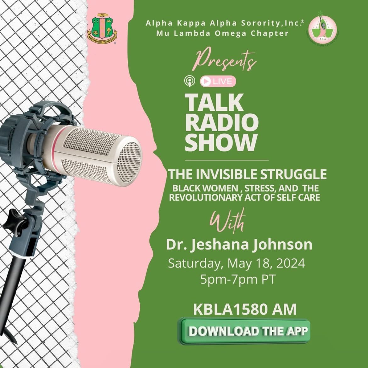 To celebrate Mental Health Awareness Month, you can catch Dr. Jeshana Johnson, 𝘺𝘰𝘶𝘳𝘴 𝘵𝘳𝘶𝘭𝘺, and a dynamic group of Black Female Mental Health Experts chatting about “The Invisible Struggle: Black Women, Stress, and the Revolutionary Act of Self-Care.” Trust me you do NOT want to miss this!
Tune in at KBLA 1580 AM 📻
At 5pm, PT
💚#mentalhealthawareness #mentalhealthawarenessmonth #BlackFemaleTherapists