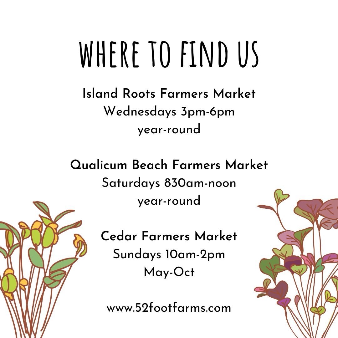 Find us at these markets every week.
Our microgreens are always harvested the day of the market at their optimal stage for flavour and nutritional content.
🌱Gourmet Mix
🌱Pea Shoots
🌱Sunflower Shoots