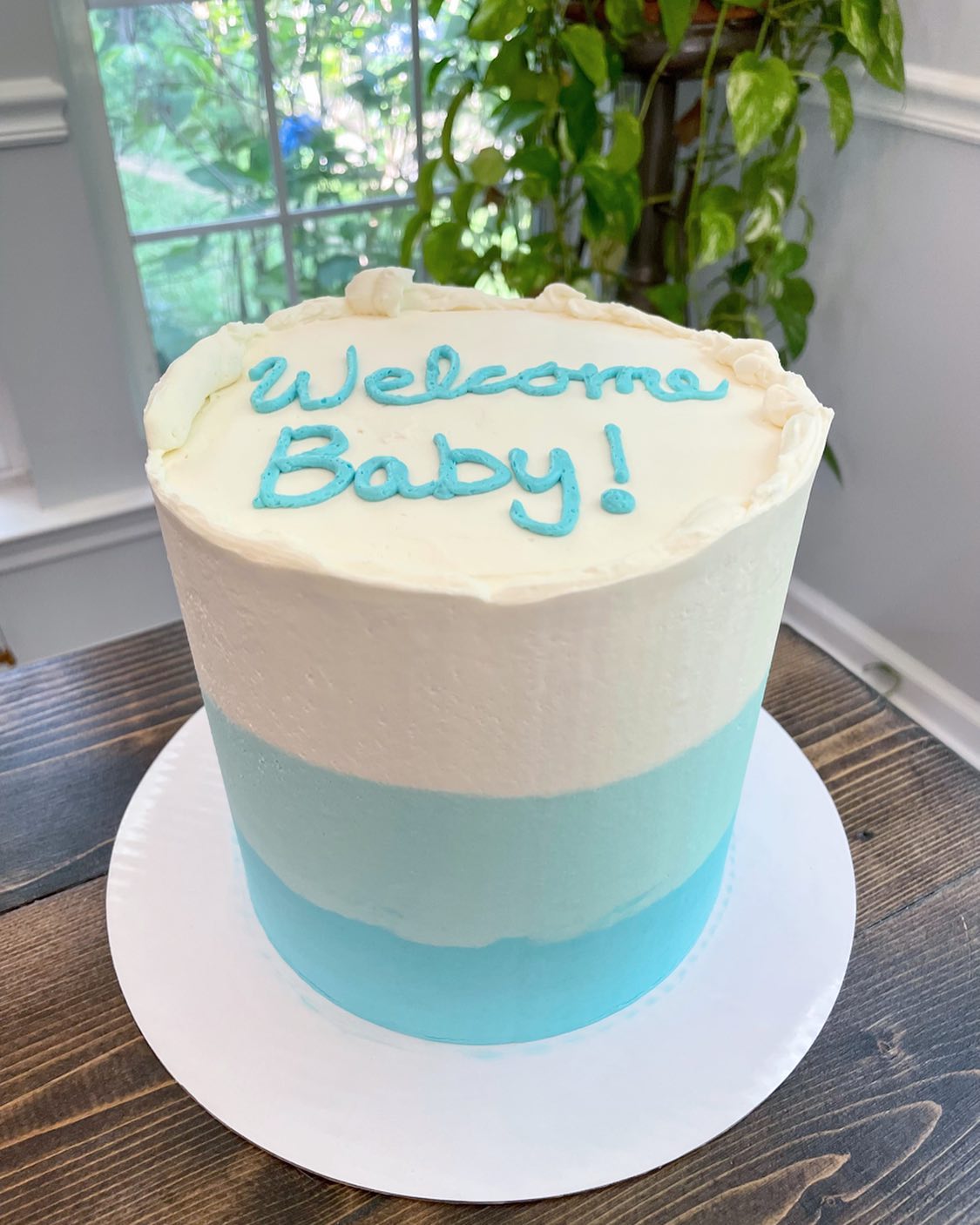 This sweet 6” for a baby shower was a three layer vanilla cake filled with vanilla American buttercream and frosted with a vanilla Italian Meringue!
