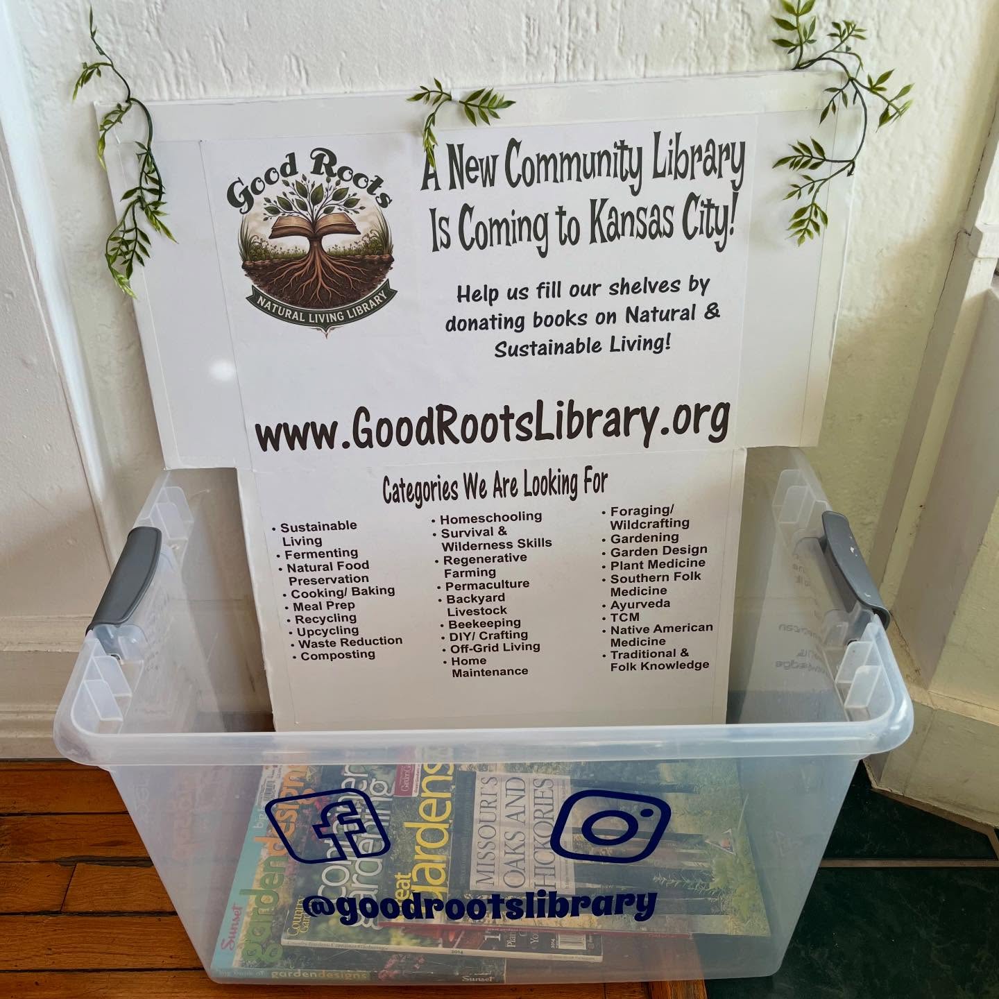 You may notice we have a new donation bin located at the front of the store & It’s for @goodrootslibrary , a non-profit community library dedicated to everything natural and sustainable! They are currently taking donations to build their collection as they prep for opening day!
Gently loved books they are looking for:
-sustainable living
-gardening
-plant medicine
-recycling/up cycling
-composting
-foraging and so much more!
Check out their website/socials to learn more about the non-profit and what books they are looking for!