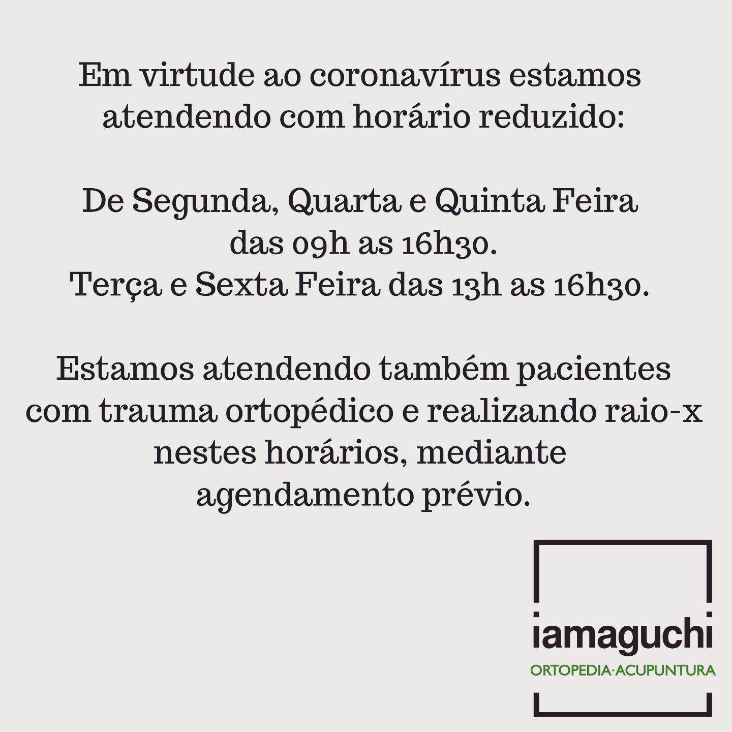 Comunicamos aos nossos pacientes que reduzimos nosso horário de atendimento.
Salientamos que intensificamos a higienização de todos nossos ambientes.
É importante que preserve sua saúde e de outras pessoas, mas quando estiver com febre, tosse e dor no corpo procure desmarcar seu agendamento.
Torcemos para que essa pandemia passe logo e estejamos todos juntos novamente.
#clinicaiamaguchi
#sempreadiante
#acupuntura
#ortopediaetraumatologia