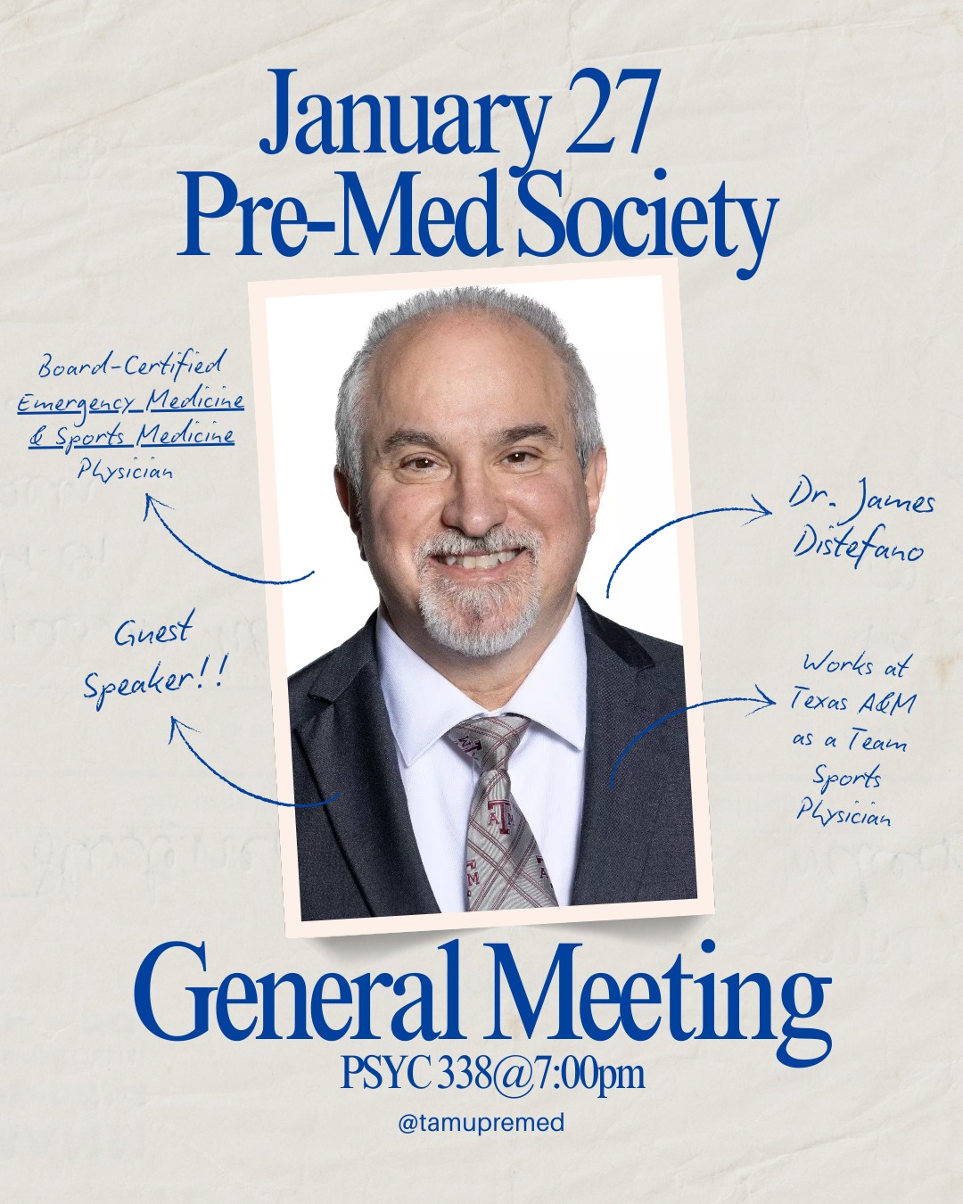 We’re excited to be back for our second general meeting TOMORROW, featuring an amazing guest speaker from Texas A&M, Dr. Distefano.
-This is a great opportunity to ask questions and invest in yourself. Attendees can also learn more about the Pre-Medical Society, meet our officers, pay dues in cash, and pick up their T-shirt. Food will be provided!!
We look forward to seeing y’all there! 🩺
