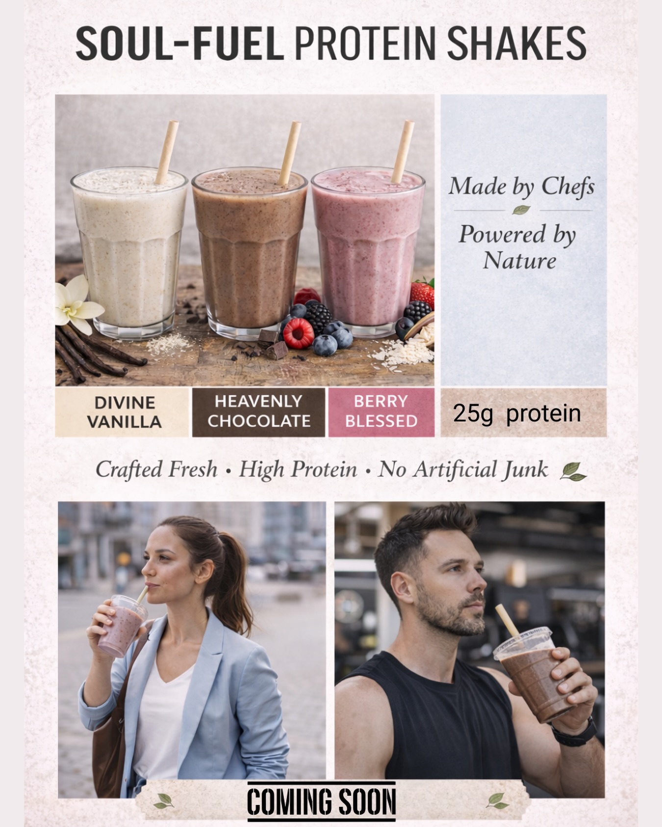 ✨ COMING SOON: SOUL-FUEL Protein Shakes ✨
Made by Chefs. Powered by Nature. 🌿💪
🚨 Sneak Peek This Weekend! 🚨
Come see us and enjoy a FREE taste sample of our new protein-packed nourishment on the go — crafted fresh, with real ingredients and zero artificial junk.
🥤 Divine Vanilla
🍫 Heavenly Chocolate
🍓 Berry Blessed
✔️ 25g Protein
✔️ Clean • Fresh • Delicious
Fuel your body. Feed your soul. 💛
📍 Visit us this weekend at Maurizio’s
👇 Tell us which flavour you’re trying first!
#SoulFuel #ComingSoon #ProteinShakes #MadeByChefs #PoweredByNature HealthyOnTheGo CafeLife WellnessDrinks ParrySoundEats SupportLocal