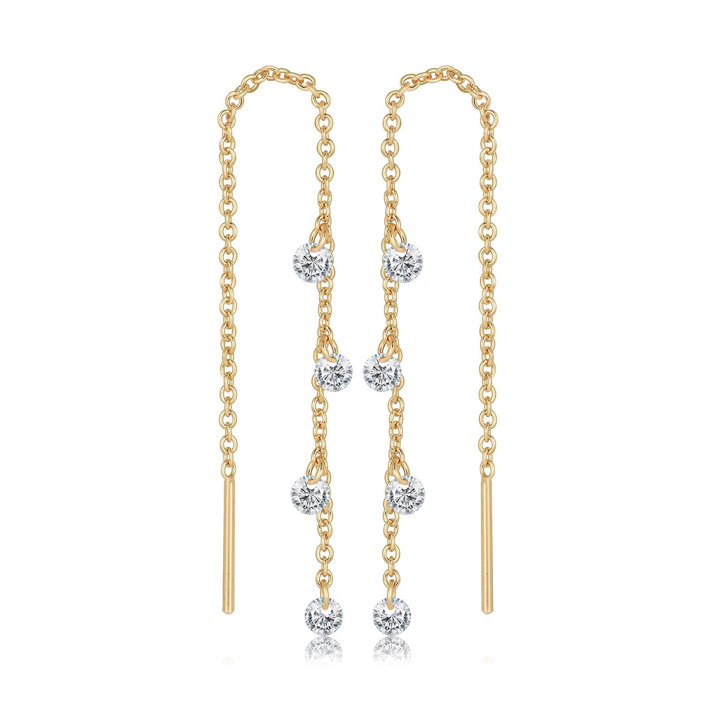NEW IN: Floating white sparkle Cubic Zirconia threader earrings in 18ct gold vermeil. Also available in silver and rose-gold.
