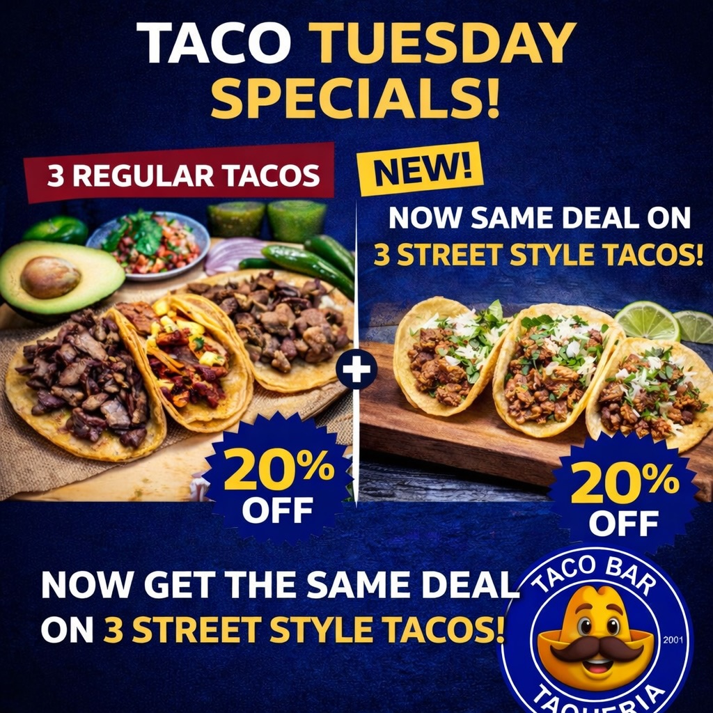 🚨 NEW Taco Tuesday deal! 🚨
Now you can get 3 Street Style Tacos 20% OFF 🥳🌮
(Plus 3 regular tacos are still included too!)