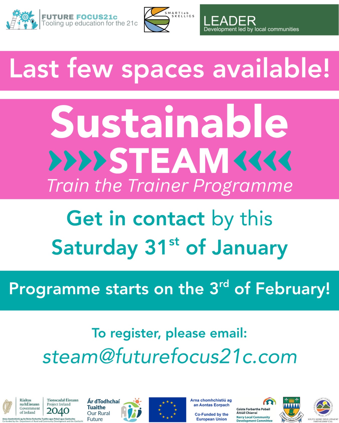 ⏳ Last few spaces available!
Join our Sustainable STEAM Train the Trainer Programme. Don’t miss your chance to be part of a growing community of educators and innovators. 🌱✨
📩 Register by: Saturday 31st January
▶️ Programme starts: 3rd February
📧 Email: steam@futurefocus21c.com
