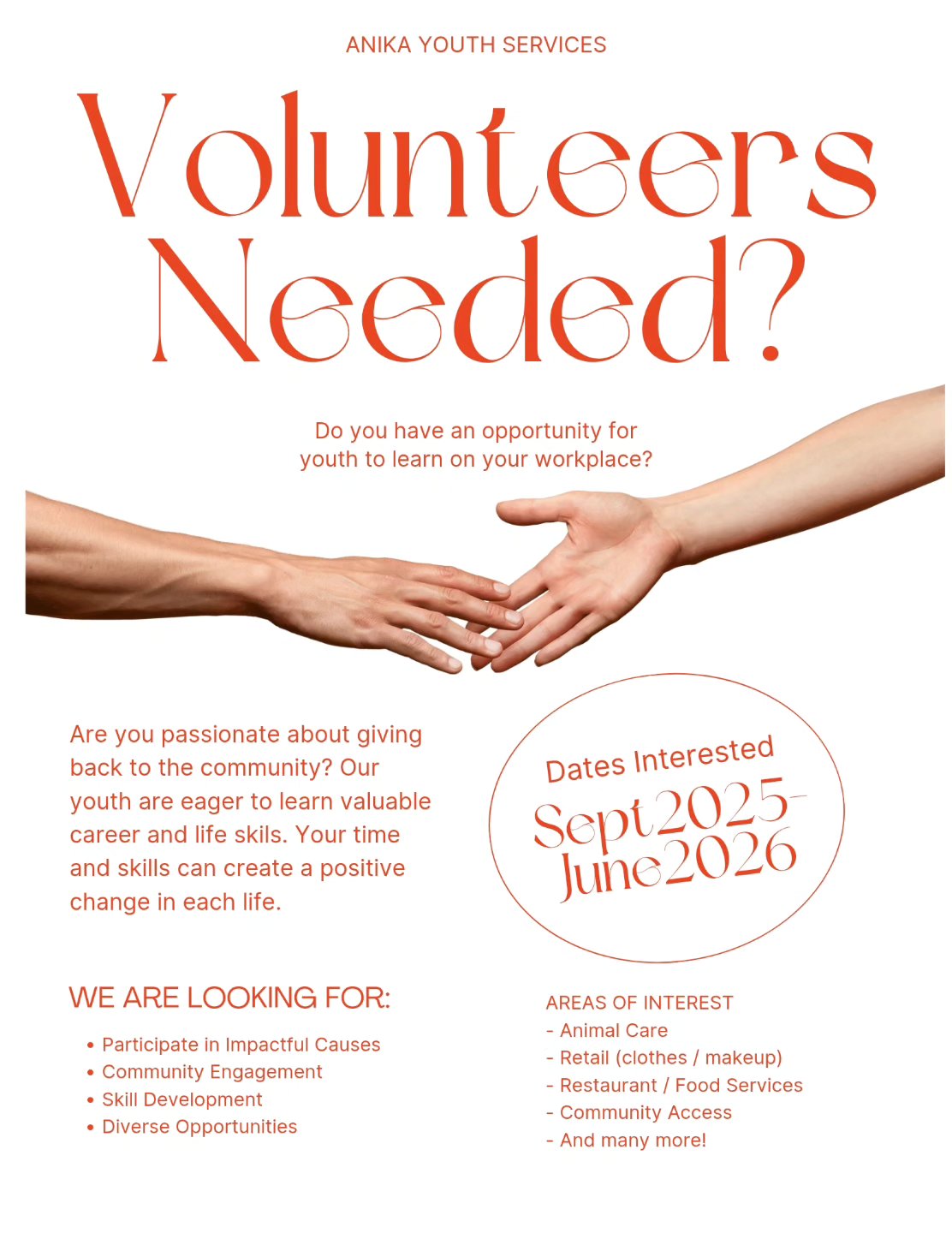 Do you have an opportunity for youth to volunteer? We are looking for community connections for the next program year. Please reach out if we can come work and learn from you!