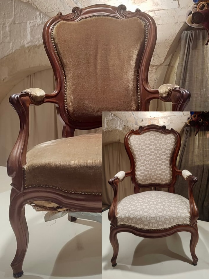 Du changement pour ce fauteuil !
Nos clients nous ont confié un fauteuil de famille de style Napoléon III.
Nous avons repris la garniture de l’assise et du dossier.
Tissu aqua clean @hoepke_textiles et finition cloutée.
Vous aussi vous avez un vieux fauteuil de famille défraîchi ?
Contactez nous pour un devis ou passez directement à l’atelier !
Liens en bio