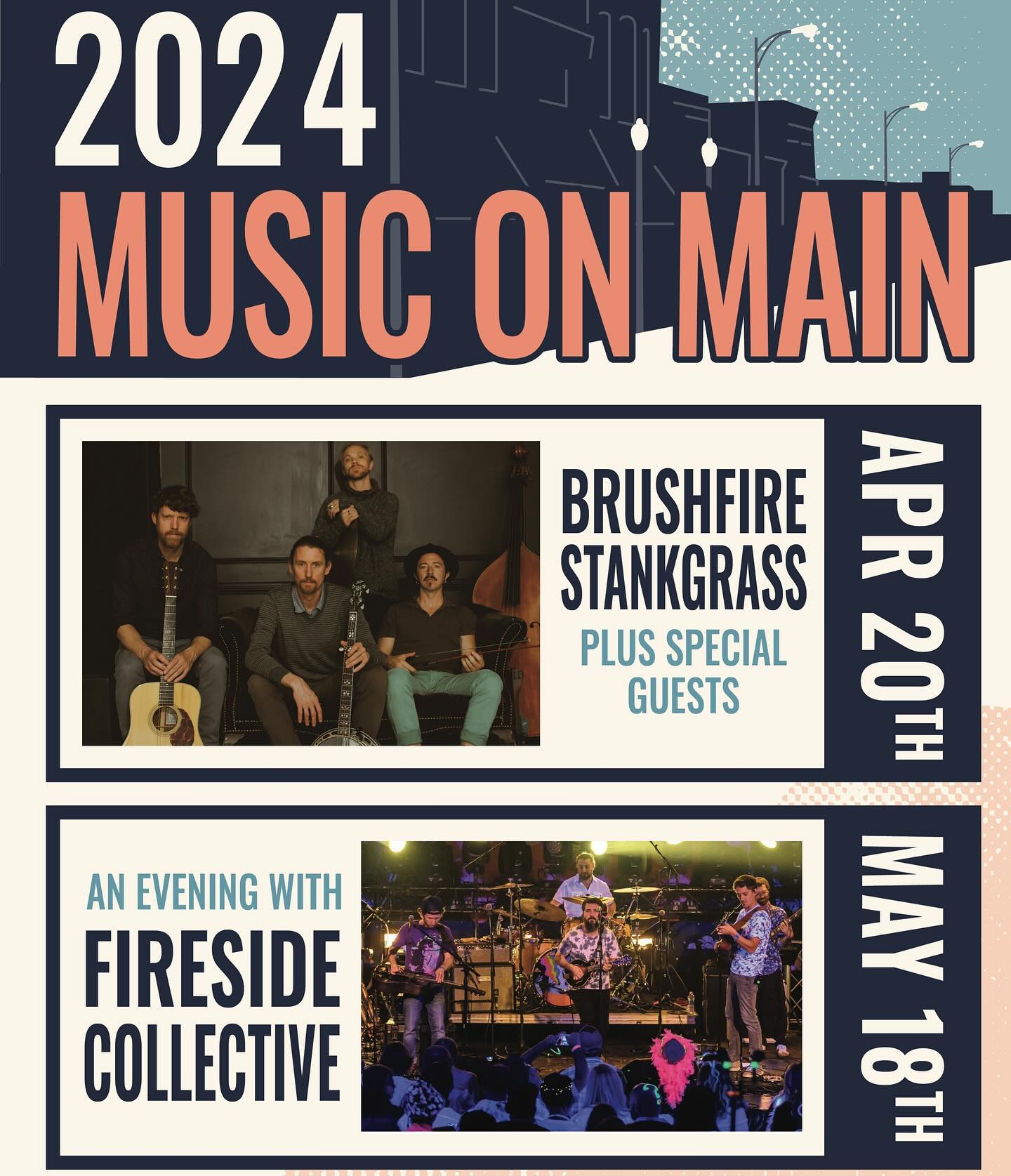 We are thrilled to announce our spring 2024 Music on Main headliners! We are bringing the FIRE to historic downtown Westminster with the undeniable sounds of @firesidecollective and @brushfirestankgrass. Mark your calendars and come join us for a funky, rocking ‘grassy good time!!!