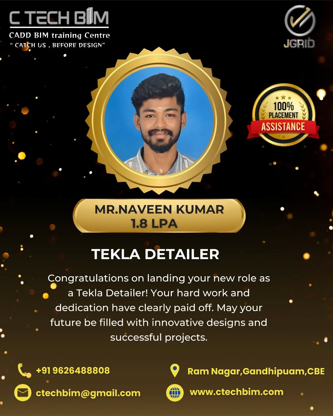 ๐ Placement Success Alert! ๐
Big congratulations to Mr. Naveen Kumar on securing a position as a Tekla Detailer with a package of 1.8 LPA ๐ผโจ
Your consistent effort, technical skills, and dedication have truly paid off. Weโre proud to be part of your success journey and wish you a bright and successful future ahead! ๐
๐๏ธ C TECH BIM โ CADD BIM Training Centre
๐ Ram Nagar, Gandhipuram, Coimbatore
๐ +91 96264 88808
๐ www.ctechbim.com
#PlacementSuccess #TeklaDetailer #CTechBIM #BIMTraining #TeklaStructures CareerGrowth EngineeringCareer JobSuccess Coimbatore