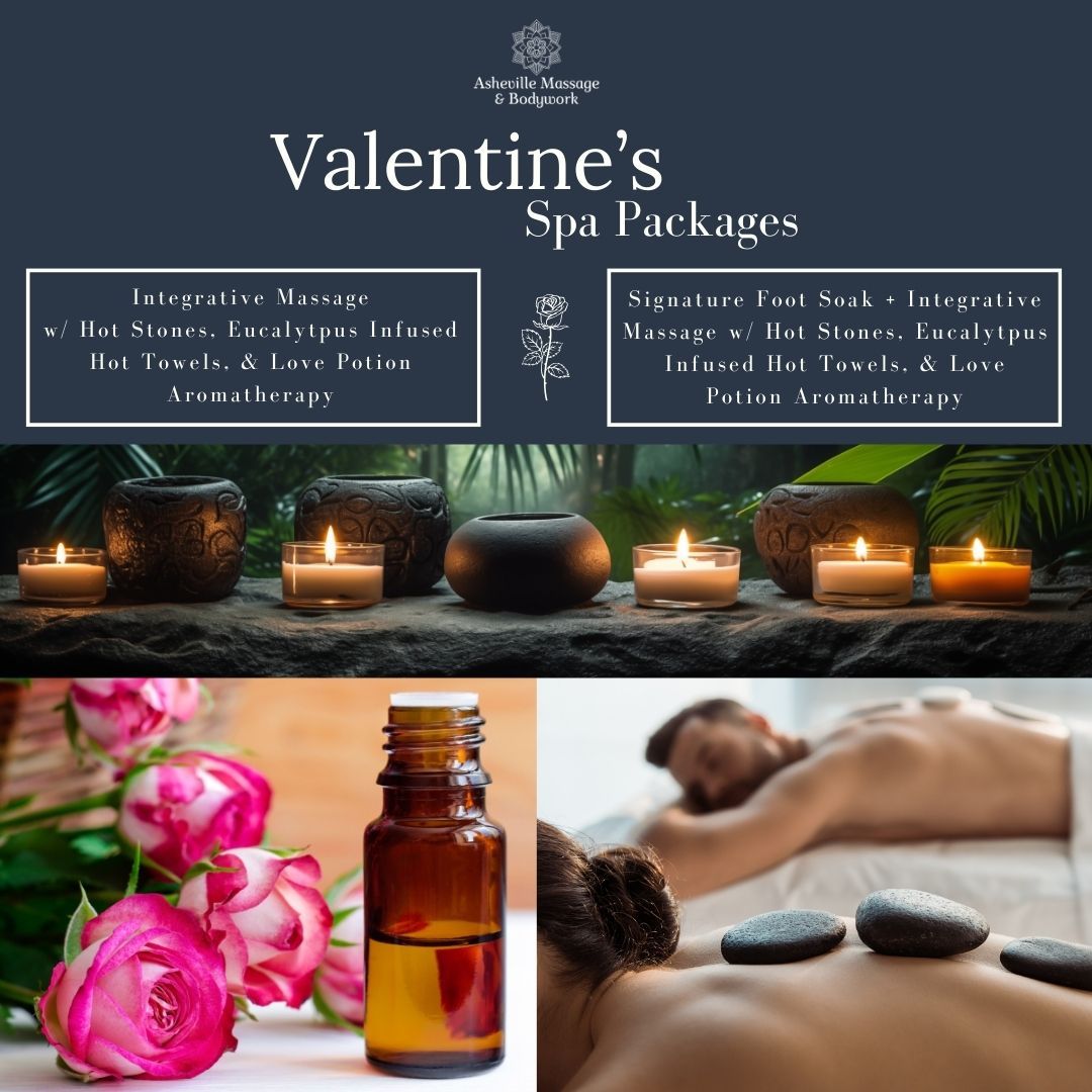 🌹❤️ This Valentine's Day, Asheville Massage & Bodywork invites you to a celebration of love with our handpicked spa packages. Each package includes not just a relaxing and rejuvenating spa experience but also a special gift designed to enhance your indulgence. Savor artisan chocolates from French Broad Chocolate, unwind with our specially crafted Rose Tea, create a serene atmosphere with a Sage Bundle adorned with rose petals, and immerse in the romantic ambiance with our exclusive Love Potion Essential Oil. Perfect for a memorable and loving experience. 💕✨ #ValentinesDay #AshevilleSpa #LoveIsInTheAir #valentinesdayasheville #massageasheville