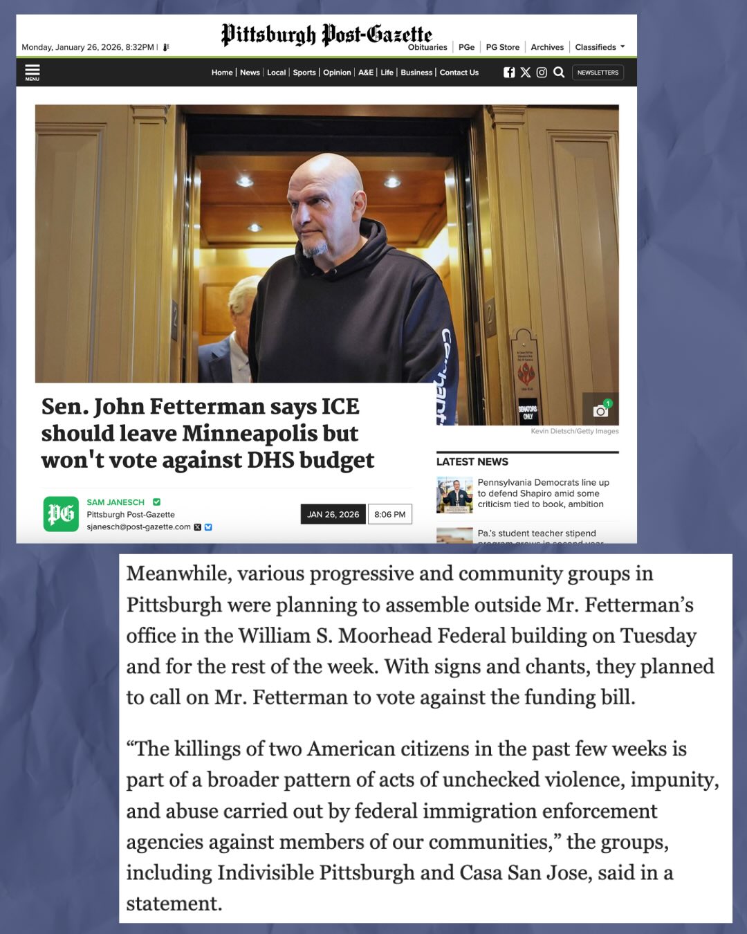 Pittsburgh showed up to tell @senfettermanpa: NO MORE MONEY FOR ICE! ICE is killing people, and Congress is funding it. @SenFettermanPA can stop this now by cutting the money. LET HIM HEAR YOU!
📲 Text ICE OUT to 25463
☎️ Call (202) 224-4254 and tell Sen. Fetterman to vote NO on DHS money for ICE