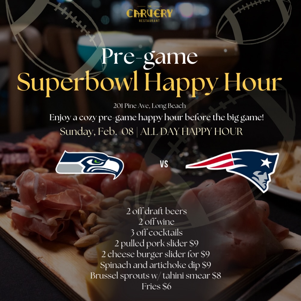 Get game-day ready the Carvery way 🍸🧀 Cozy up with craft cocktails, sliders, and $2 off your favorite draft beers Sunday Feb. 8th during our All Day Pre-Game Happy Hour.
Which team are you rooting for—the Seahawks or the Patriots? Let us know below 👇
📍201 Pine Ave | 11AM–close
.
.
.
.
.
.
#SuperBowlAtTheCarvery #LongBeachEats #PreGameMood #HappyHourVibes #GameDayGrub
