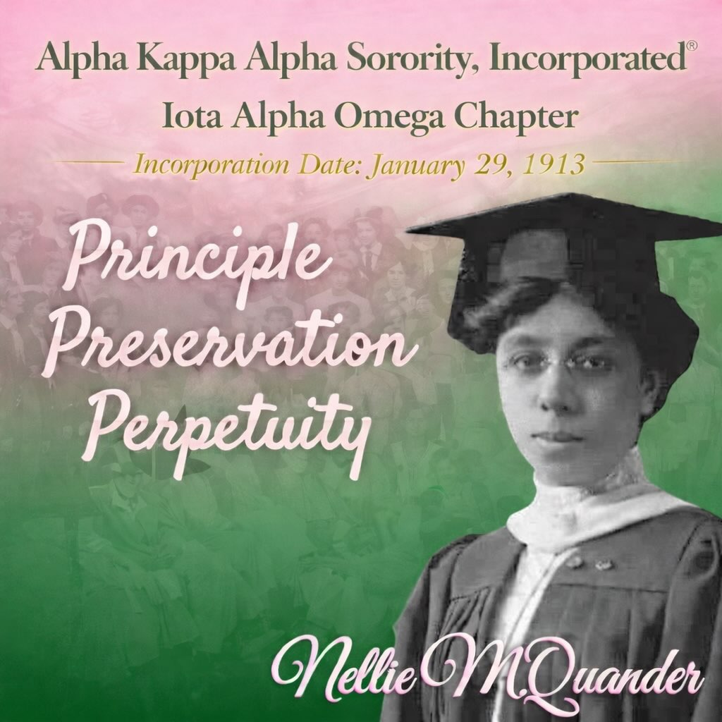 Today, we reflect on the enduring impact of Nellie M. Quader and the guiding principles of Principle, Preservation, and Perpetuity. Iota Alpha Omega proudly celebrates Alpha Kappa Alpha Sorority, Incorporated®️incorporation day, and remain committed to uplifting our communities through service, sisterhood, and excellence. 💕💚✨
#alphakappaalphasororityinc
#iotaalphaomega
#incorporation
#perpetuity