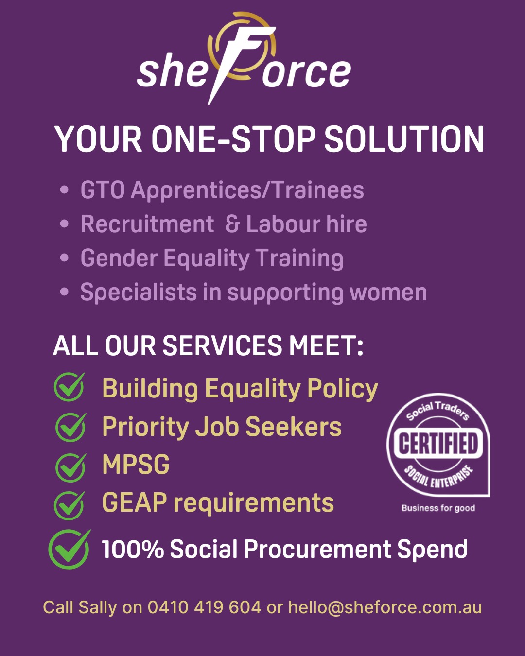Sheforce is building 2026 on momentum, purpose and impact!
We’ve doubled down on what we do best: helping organisations build gender‑inclusive, future‑ready workforces while meeting every social procurement and equality requirement with ease.
Our one‑stop model delivers:
▪️ GTO apprentices & trainees
▪️ Recruitment and labour hire
▪️ Gender equality training
▪️ Specialist support for women in construction
As a @socialtraders_au Certified Social Enterprise, partnering with Sheforce means 100% social procurement impact and real opportunities for women and minorities.
If your organisation is ready to strengthen its workforce and drive meaningful change, let’s talk.
📞 Sally Caruana — 0410 419 604
📧 hello@sheforce.com.au
#Sheforce #SocialEnterprise #SocialProcurement #WomenInBuildingandConstruction #GenderEquality #WorkforceDevelopment #GTO #Apprenticeships #DiversityAndInclusion #ConstructionIndustry #FutureOfWork #BuildingEquality