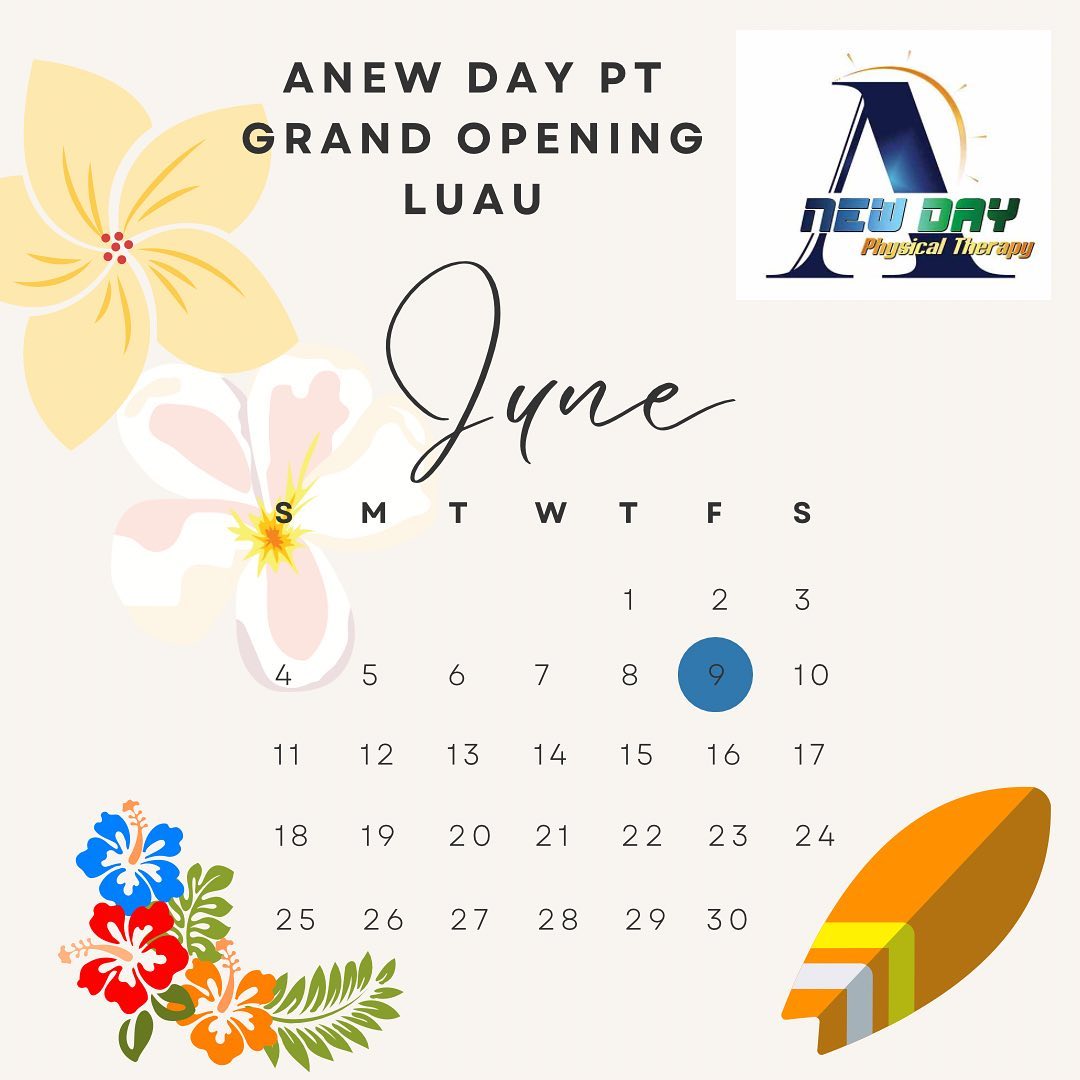 ❗️MARK YOUR CALENDARS❗️
🌺 Anew Day Physical Therapy Luau 🌺
▫️Friday, June 9th, 11AM - 4PM
▫️Ribbon cutting at 11AM
▫️Free plate lunch
▫️Live entertainment
▫️ Raffle with great giveaways (more details to come)
▫️ Free raffle ticket 🎟️ to show up and meet our amazing clinicians
You will NOT want to miss this!