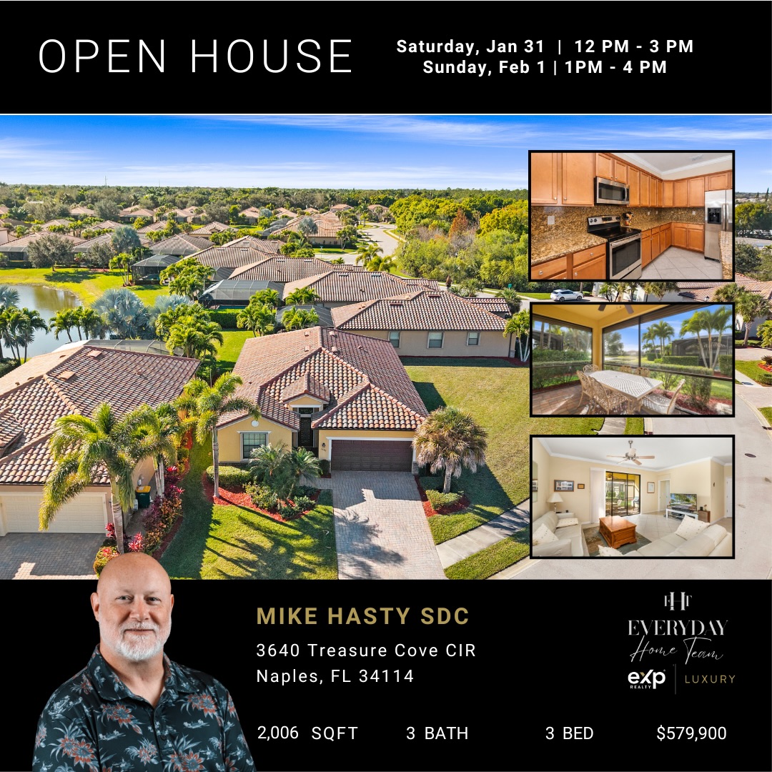 Looking for your slice of paradise? Join us this weekend to tour this stunning home in the heart of Naples! Whether you’re looking for a spacious floor plan, a screened-in lanai for morning coffee, or that perfect Florida sunshine, 3640 Treasure Cove Cir has it all.
Beautiful kitchen with granite countertops, airy living spaces, and a private outdoor patio perfect for entertaining.
🗓️ Open House Schedule
Stop by and say hello! We’d love to show you around:
• SUNDAY, FEB 1: 1 PM – 4 PM
Don’t miss out on this incredible opportunity to own a piece of the Everyday Home Team luxury experience with eXp Realty.
Have questions or want a private showing? Contact Mike Hasty SDC today!
#NaplesRealEstate #FloridaLiving #OpenHouse #EverydayHomeTeam