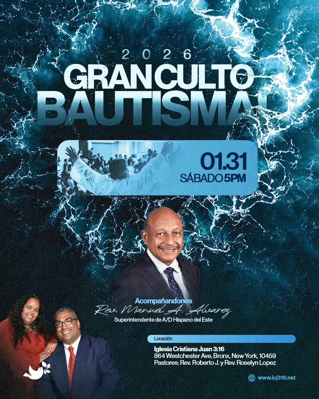 🌊 ¡Invitamos a todos los Pastores e Iglesias a acompañarnos este Sábado 31 de Enero a las 5:00 PM en Nuestro Primer Gran Culto Bautismal del Año!
Trayendo la Palabra de Dios y acompañándonos en este servicio especial estará el Superintendente del Distrito Hispano del Este de las Asambleas de Dios, Rev. Manuel A. Álvarez
¡Ven a celebrar con nosotros la nueva vida en Cristo! ✨
We invite all Pastors and Churches to join us this Saturday, January 31 at 5:00 PM for our first baptism service of the year.
Bringing the Word of God and joining us for this special service is our Superintendent of the AG Spanish Eastern District, Rev. Manuel A. Alvarez.
Come celebrate new life in Christ with us!
#bautismal #baptism #church #churchservice #newlife