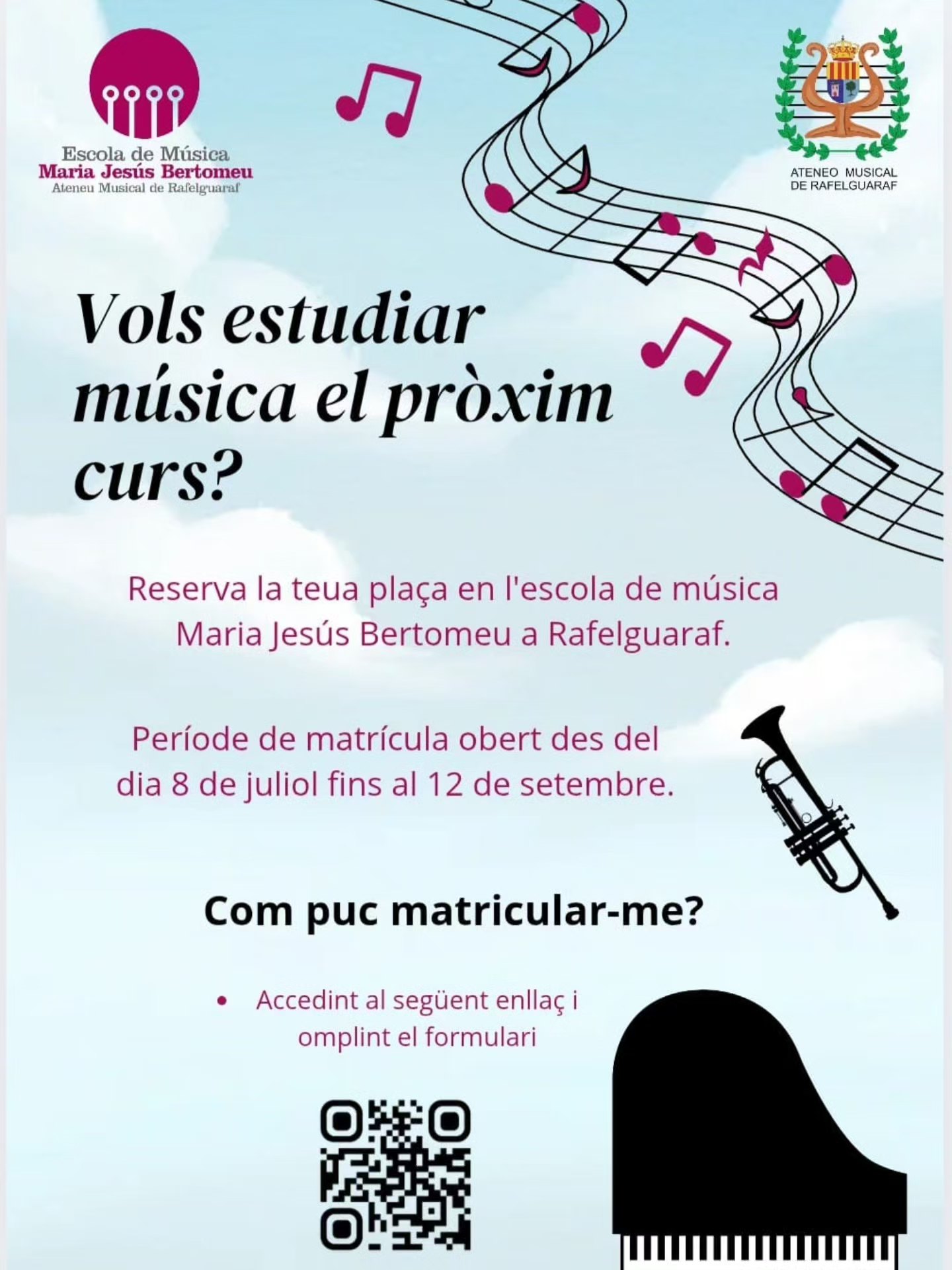 🔊 L'Ateneu Musical informa que ja s'ha obert el període de matriculació per a l'escola de música. 🏫🎧 🎼🎵
🖋️ Ací teniu l'enllaç per poder fer la inscripció:
https://www.ateneumusicalderafelguaraf.com/matricula
Per a més informació, consulteu la nostra pàgina web!
www.ateneumusicalderafelguaraf.com
També estem a la vostra disposició si ens envieu missatges directes. 📤
Gràcies a tots i ens veiem prompte! ✨