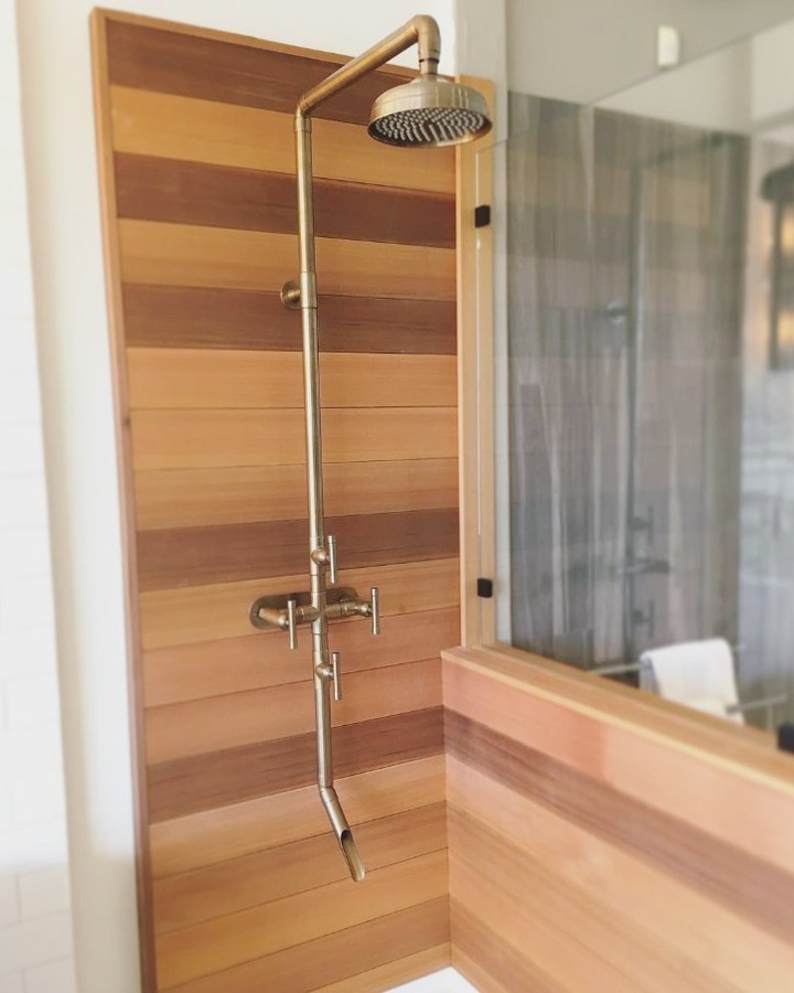 Create your own outdoor spa with Style Bath & Kitchen and Sonoma Forge. Available in several finishes & styles. #outdoorshower @sonomaforge #cedar #rusticmodern #luxuryshower