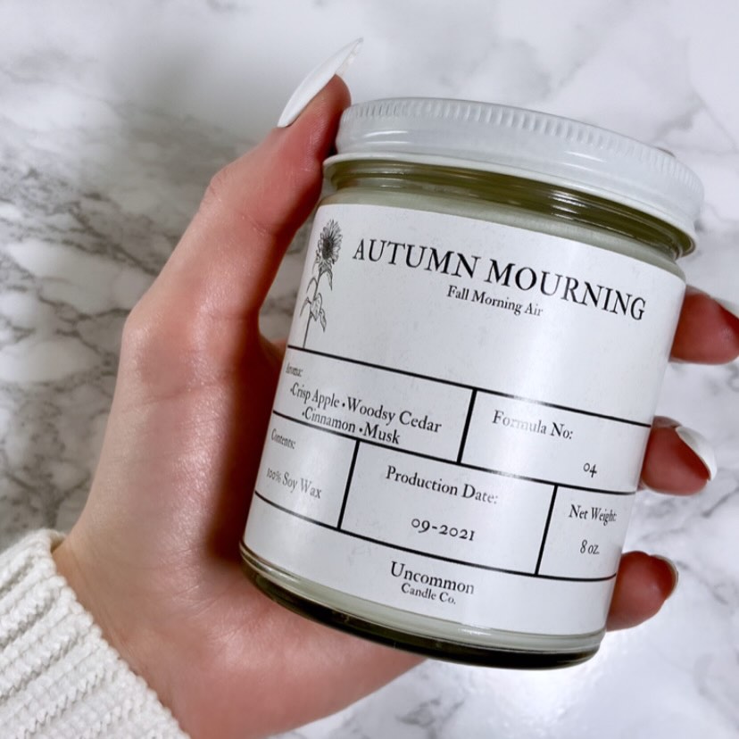 Seasonal. Woodsy. Somber.
Autumn Mourning is a complex blend of crisp apple, cedar, cinnamon, and musk.
100% Soy • Strong throw • Designed for the days of fall and moody feelings.
Formula no. 04
#handmadecandles #shophandmade #candlemaking #soycandle