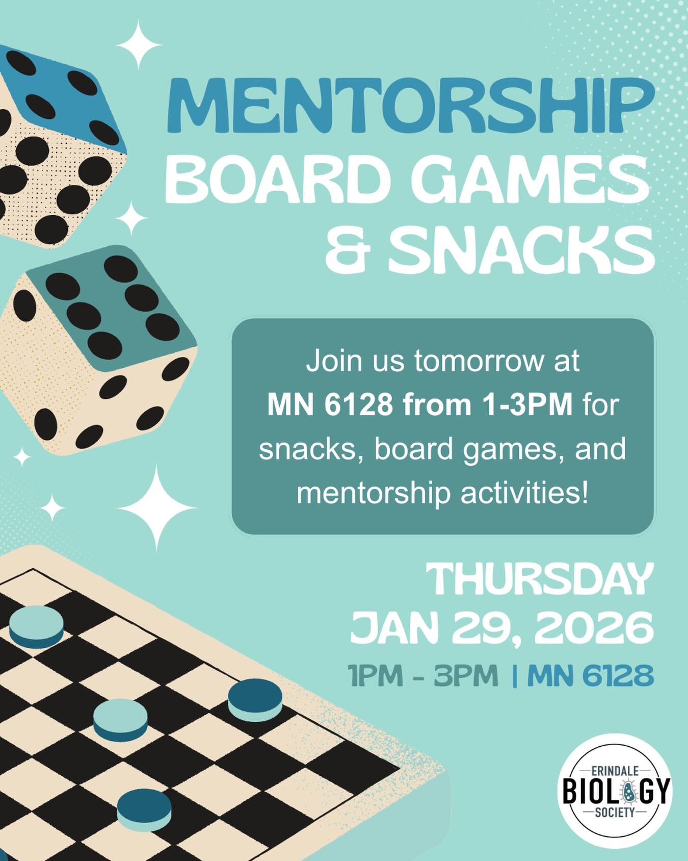 ๐งฉ๐ฒ Mentorship, board games & snacks? Yes please.
Join us tomorrow for a chill EBS mentorship hangout where you can meet mentors, play games, and unwind between classes.
*EBS Mentorship Program only
๐ MN 6128
๐ Thursday, Jan. 29th
โฐ 1โ3 PM
Come for the snacks, stay for the connections ๐